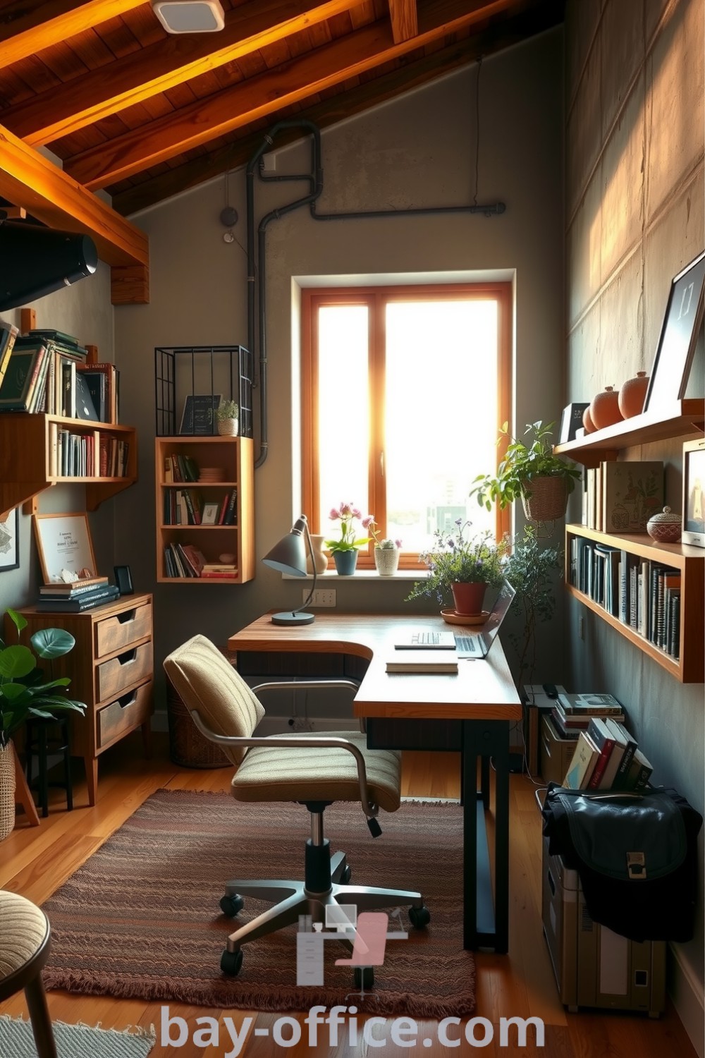 Cozy loft home office with warm wooden beams, concrete walls, rustic desk, vintage lamp, and potted plants. A perfect design for inspiring productivity and comfort while working from home. Explore more inspiring decor ideas at bay-office.com.