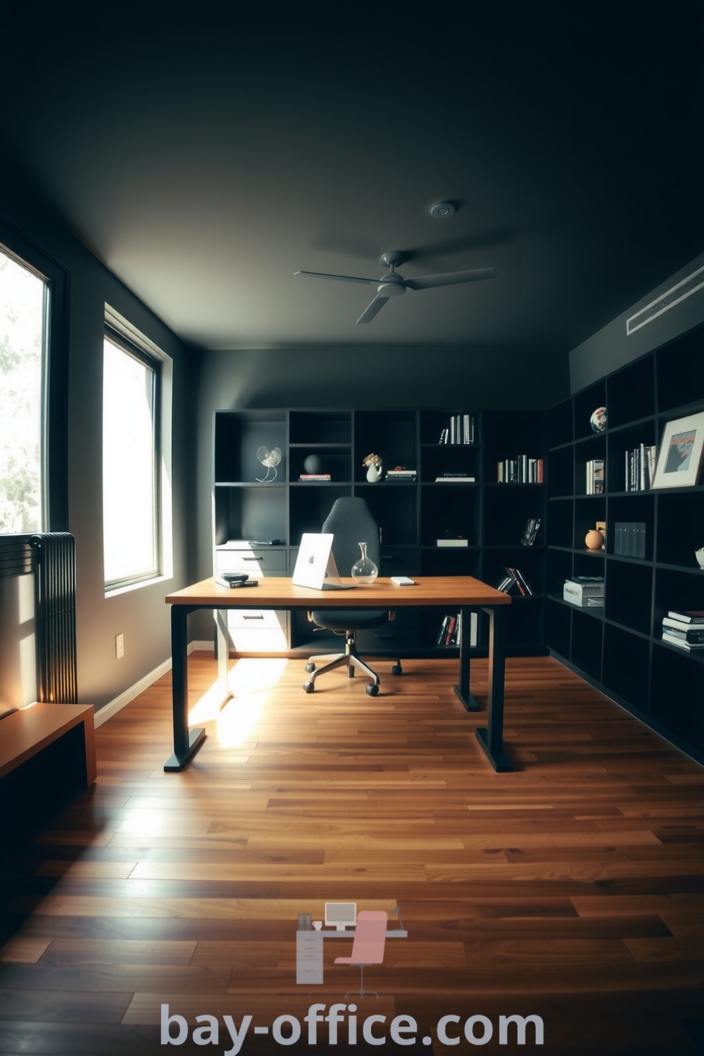 Minimalist home office with black accents, warm wooden floors, and a reclaimed wood desk, showcasing decor ideas for small spaces that inspire productivity. Find more design tips and cozy aesthetic ideas at bay-office.com.