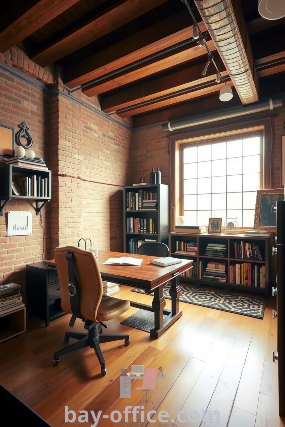 Cozy loft home office featuring exposed brick walls, a wooden desk, a leather chair, and shelves filled with books and mementos, creating an inspiring and warm workspace perfect for productivity. Explore more design tips at bay-office.com.