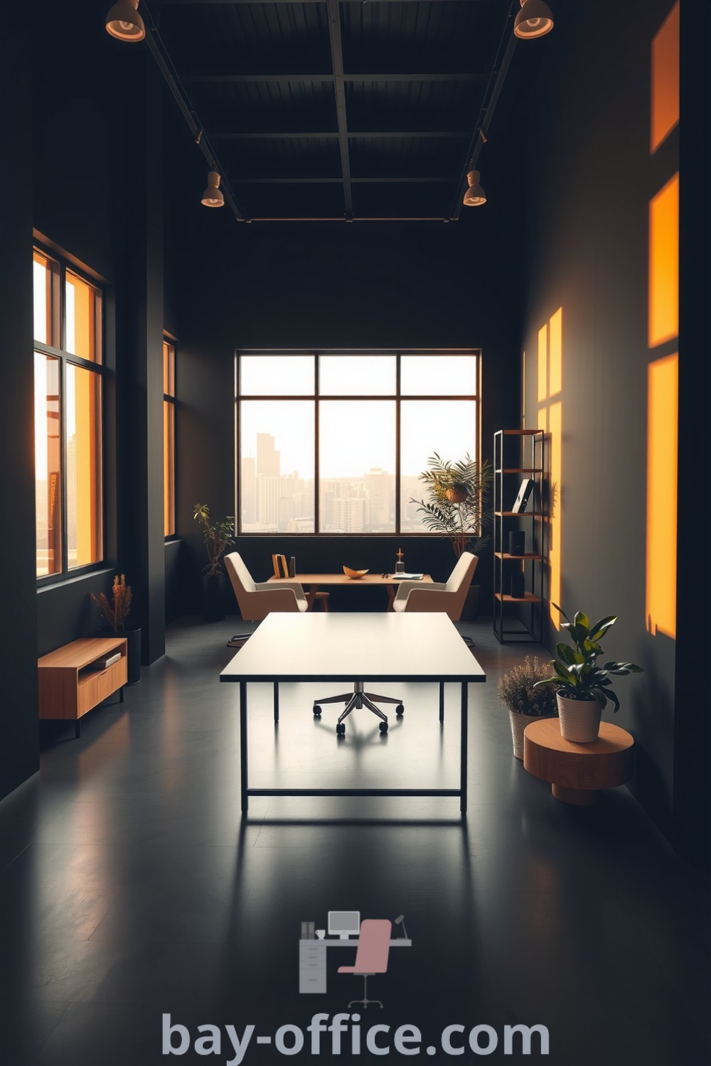 Minimalist corporate office space with black hues, natural wood furniture, and large windows, designed to inspire productivity and comfort. Discover design tips and decor ideas that will make you love working from home at bay-office.com.