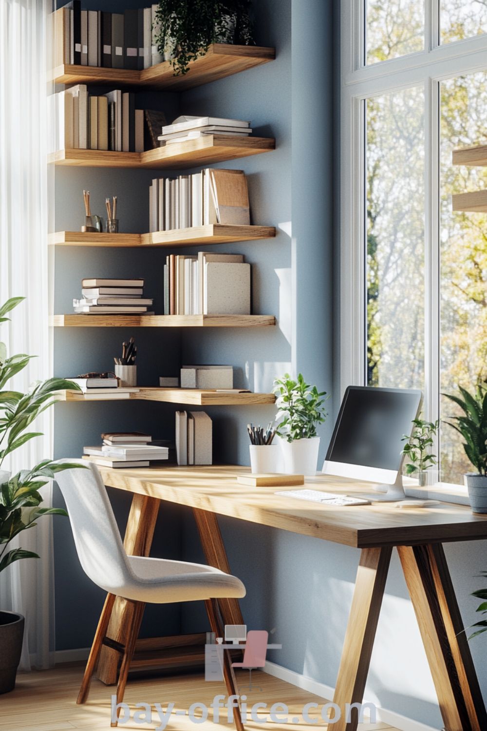 Scandinavian home office with soft blue tones, light wood accents, and natural light enhancing a cozy and inviting atmosphere. Features include a sturdy wooden desk, bookshelves, and plants, perfect for inspiring productivity and creativity. Discover more ideas at bay-office.com.