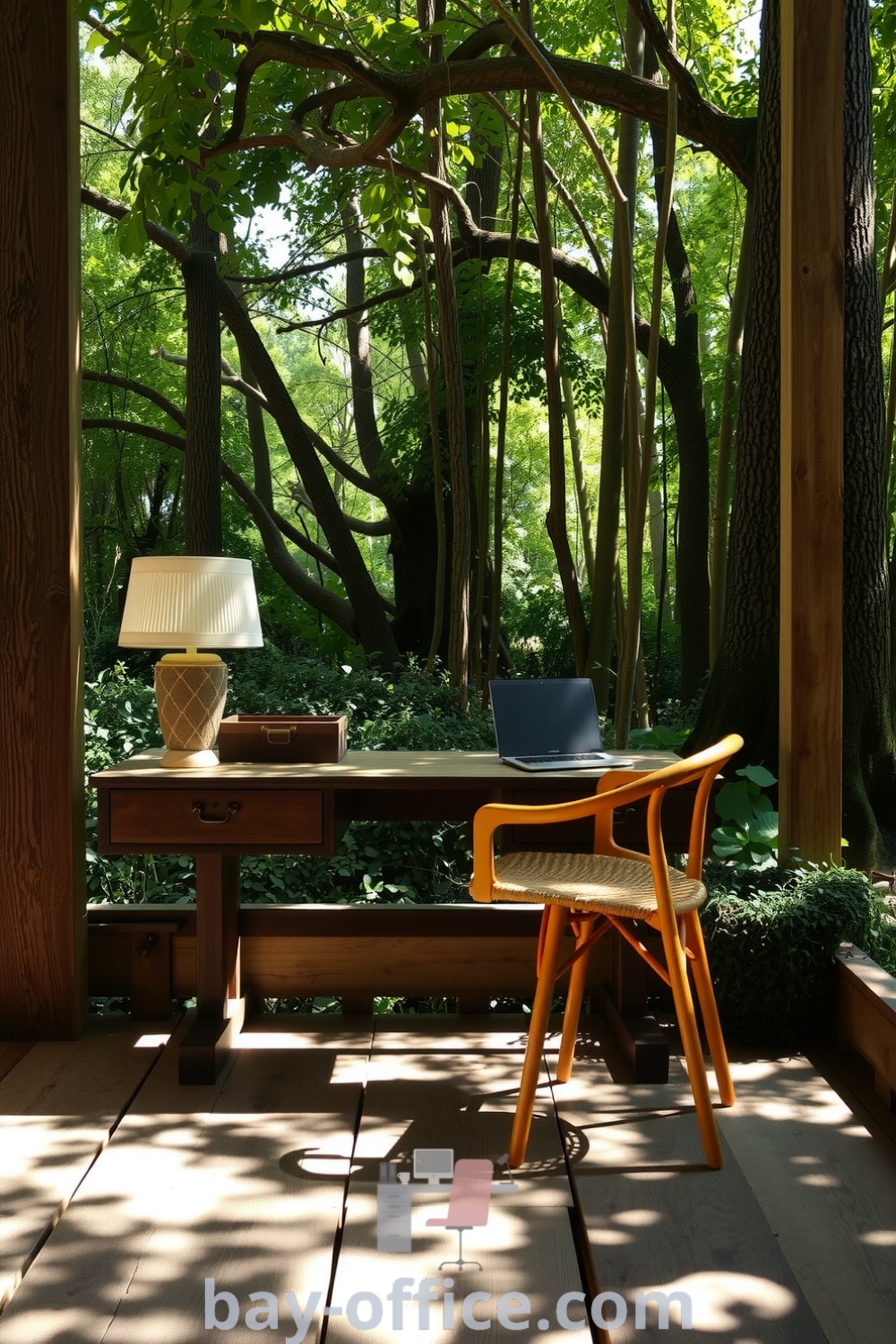 Cozy outdoor workspace featuring a wooden desk and natural fiber chair surrounded by tall trees and lush greenery, designed to inspire productivity and relaxation. Perfect for those seeking inspiring decor ideas for small spaces. Discover more at bay-office.com.