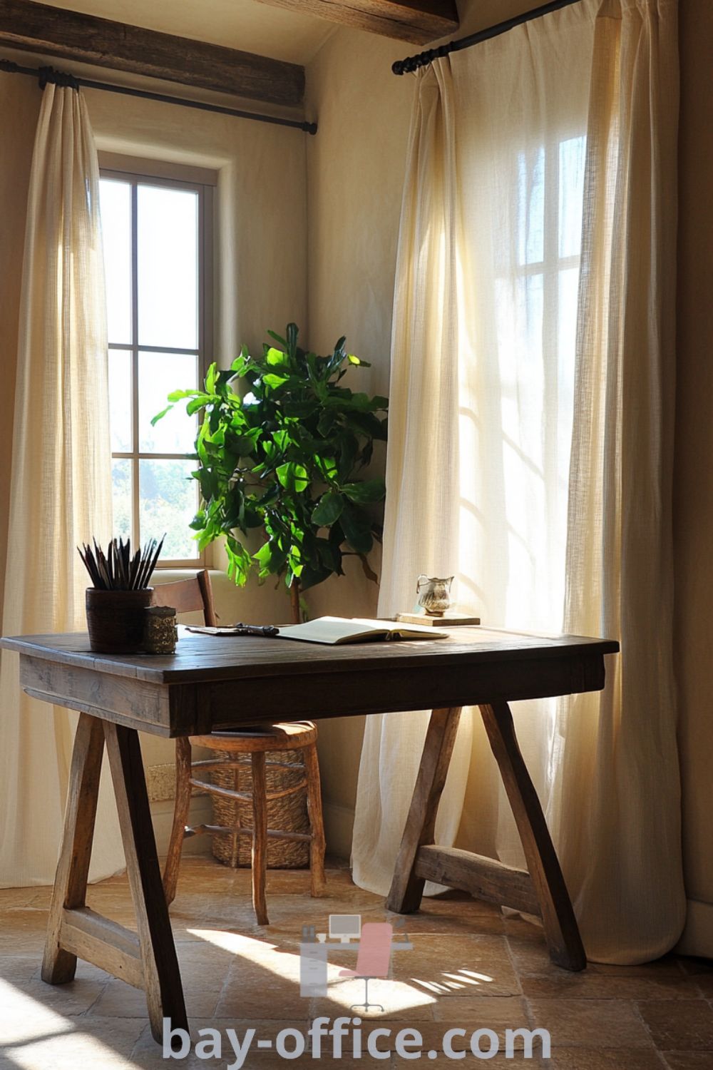 Elegant French country home office featuring soft beige walls, rustic wooden beams, an oak desk with vintage writing tools, and natural light casting gentle shadows, creating a cozy and inspiring environment. Discover more design ideas at bay-office.com.