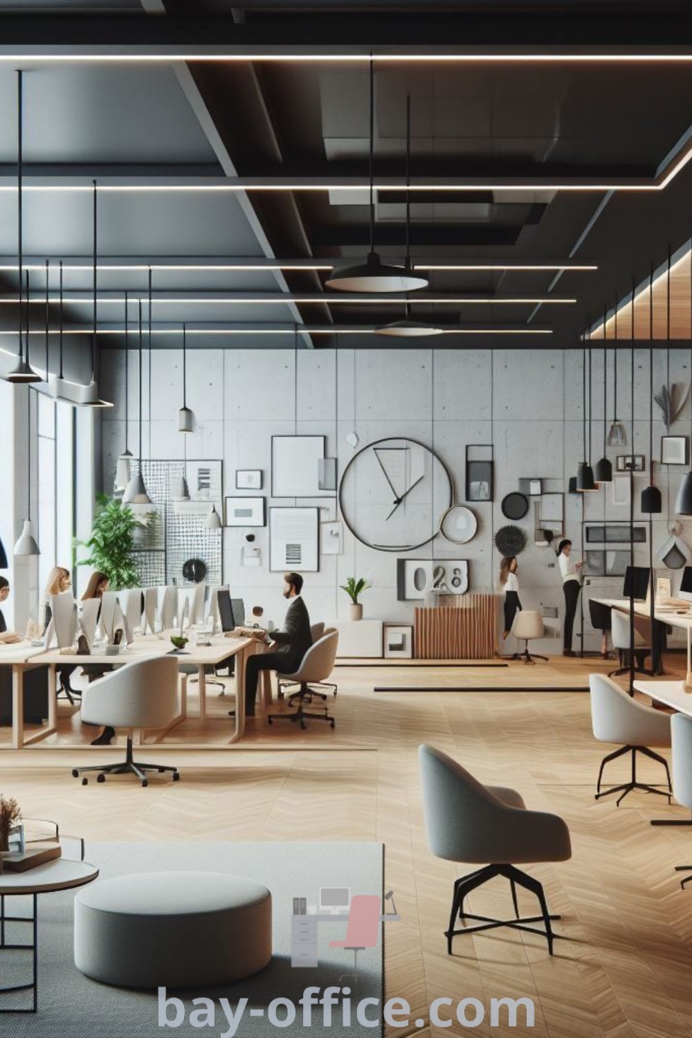 An office collaboration space showcasing industrial modern decor with large windows, trendy desks, and smart boards. This design promotes productivity and creativity, ideal for inspiring ideas in a functional work environment. Visit bay-office.com for more decor ideas that will inspire productivity.