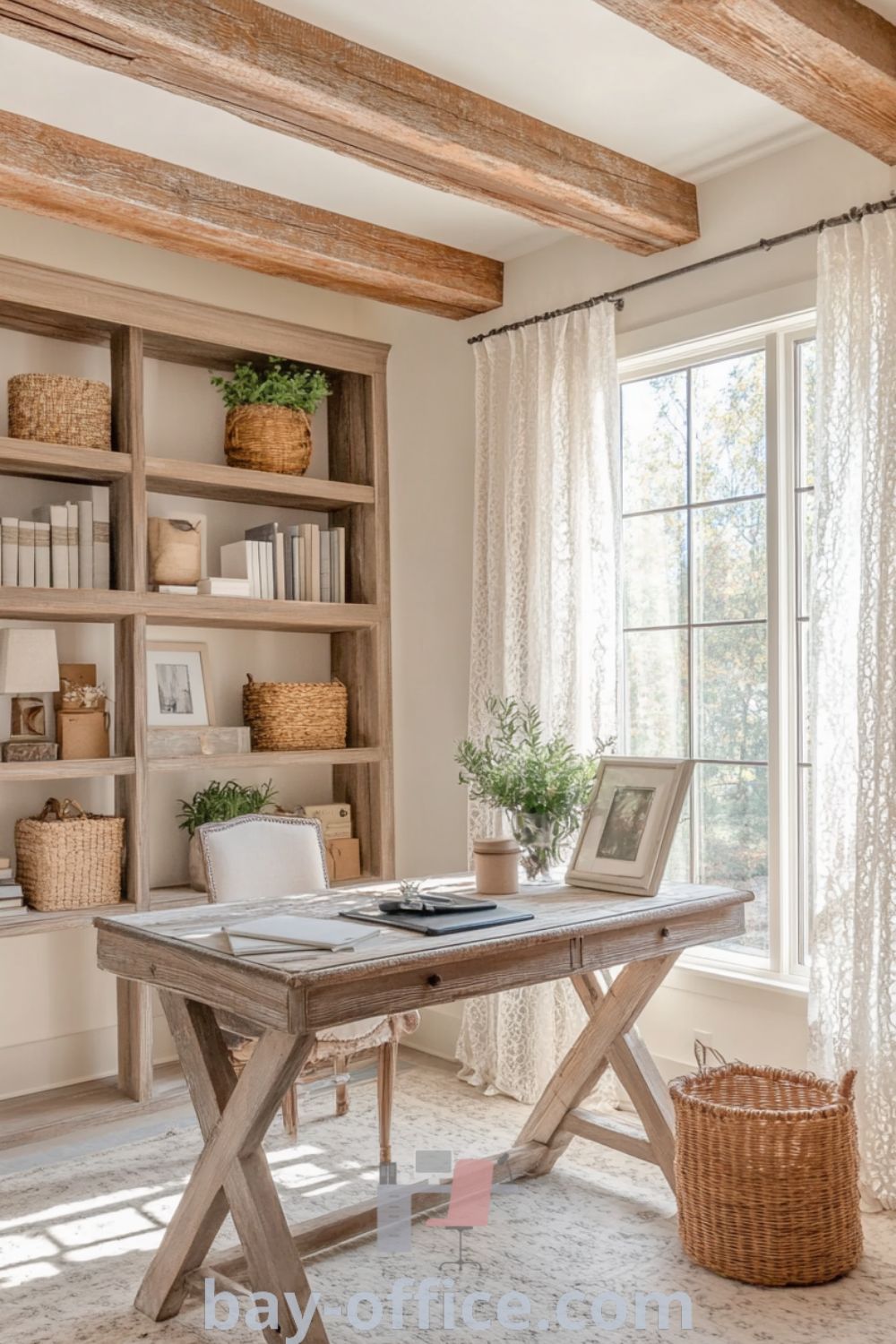 Elegant French country home office featuring distressed wooden beams, a sturdy oak desk by a tall window, delicate lace curtains, and a cozy atmosphere enhanced by potted herbs and woven baskets. Discover inspiring ideas for cozy workspaces at bay-office.com.