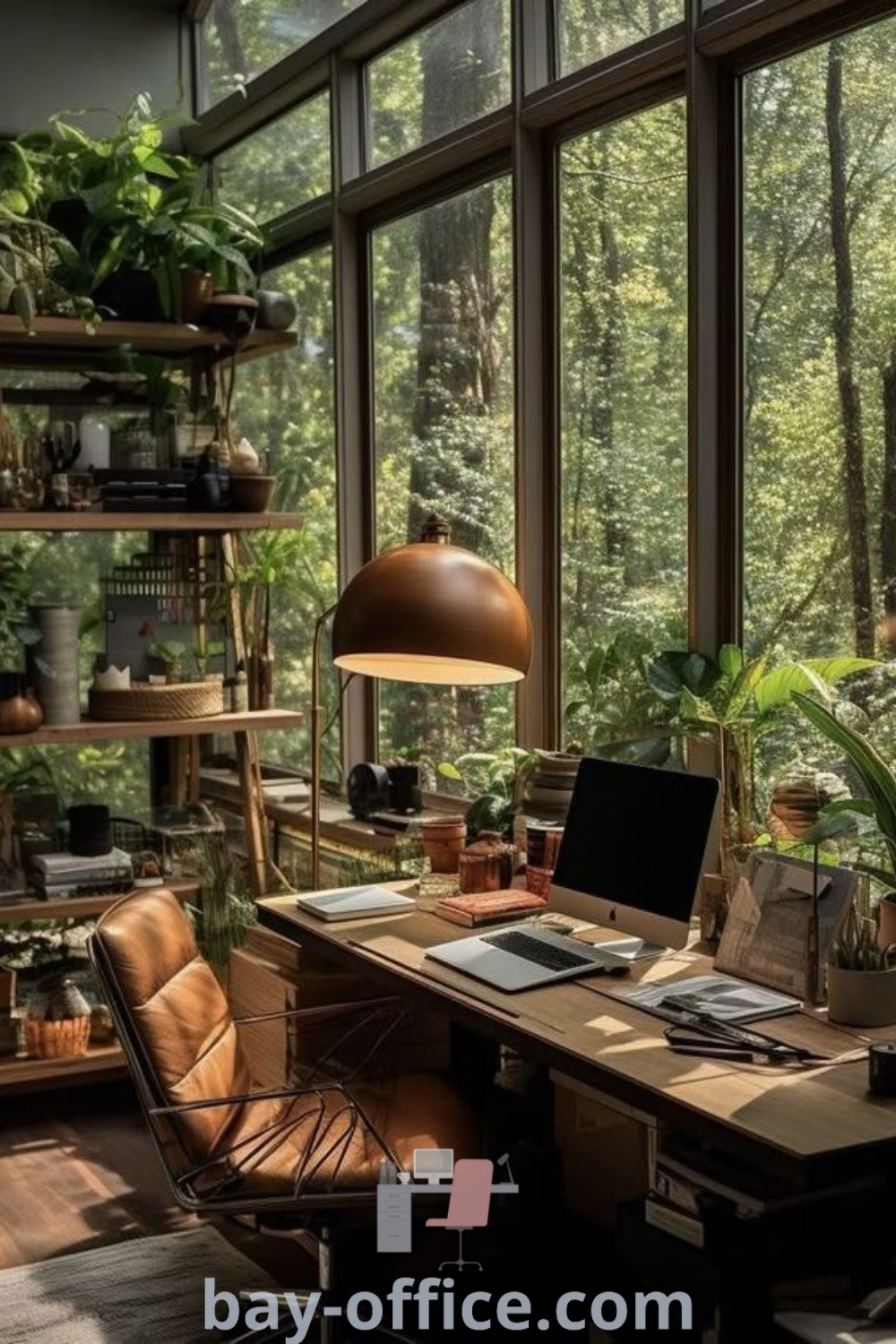 Cozy jungle home office design with abundant plants, perfect for a productive study or writer