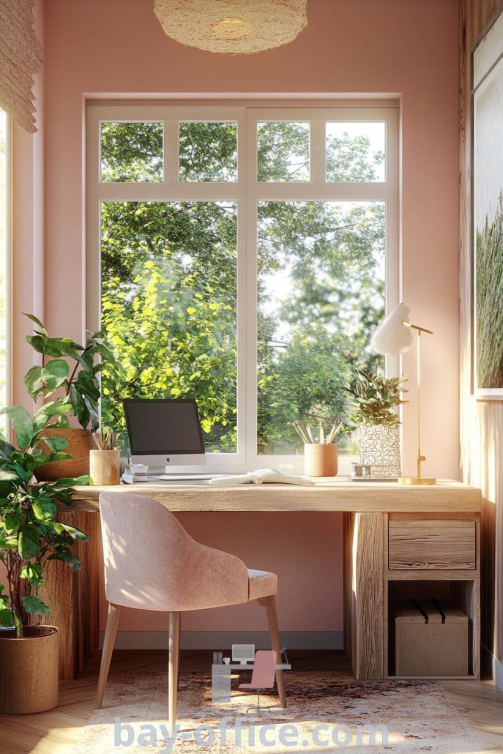 Nature-inspired home office with soft pink walls, rustic wooden furniture, and potted plants creating a cozy atmosphere that enhances productivity. Features a serene garden view and textured wall art. Explore more inspiring decor ideas for small spaces at bay-office.com.