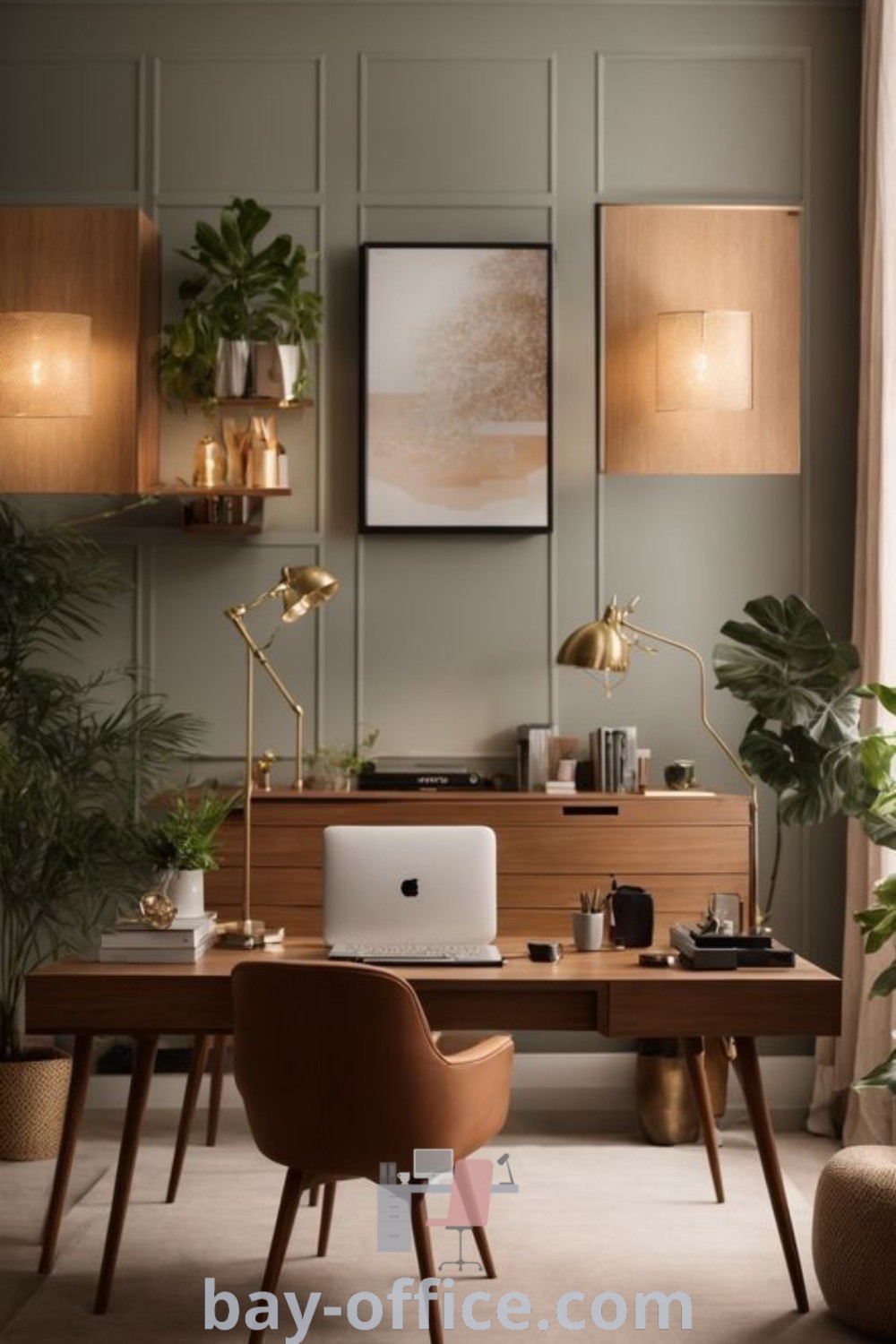 Cozy botanical home office featuring a desk with a laptop surrounded by lush plants, reflecting earthy office decor and warm design, offering ideas that will inspire productivity. Discover the best cozy aesthetic for your workspace at bay-office.com.