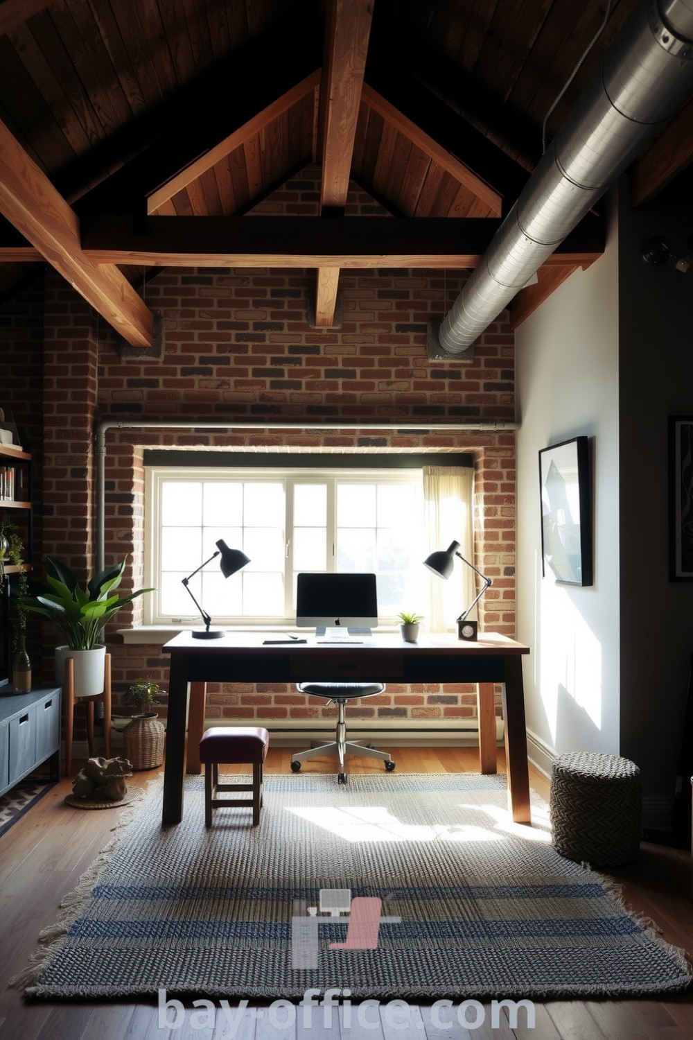 Cozy industrial home office featuring exposed brick walls, wooden beams, large windows, and plants, designed to inspire productivity and creativity. Ideal for those seeking design tips and decor ideas for small spaces. Discover more at bay-office.com.