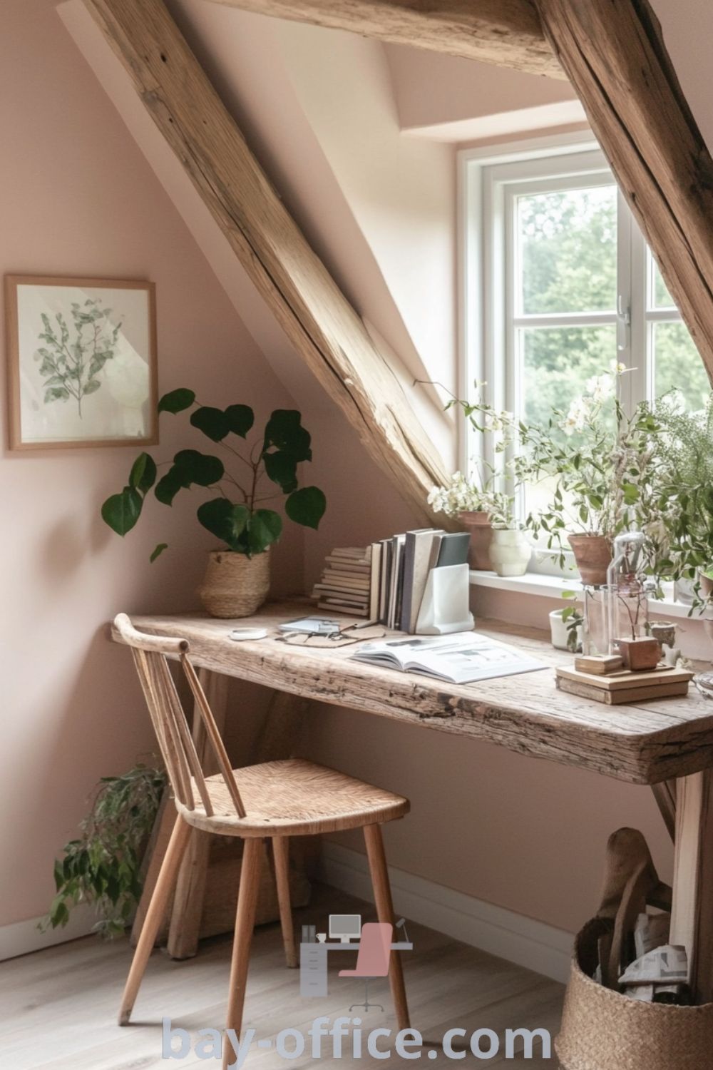 Cozy indoor nature home office with soft pink walls, rustic wooden beams, and a reclaimed wood desk by a sunny window, featuring plants and books that inspire productivity and relaxation. Discover design tips and ideas that will make you love working from home at bay-office.com.