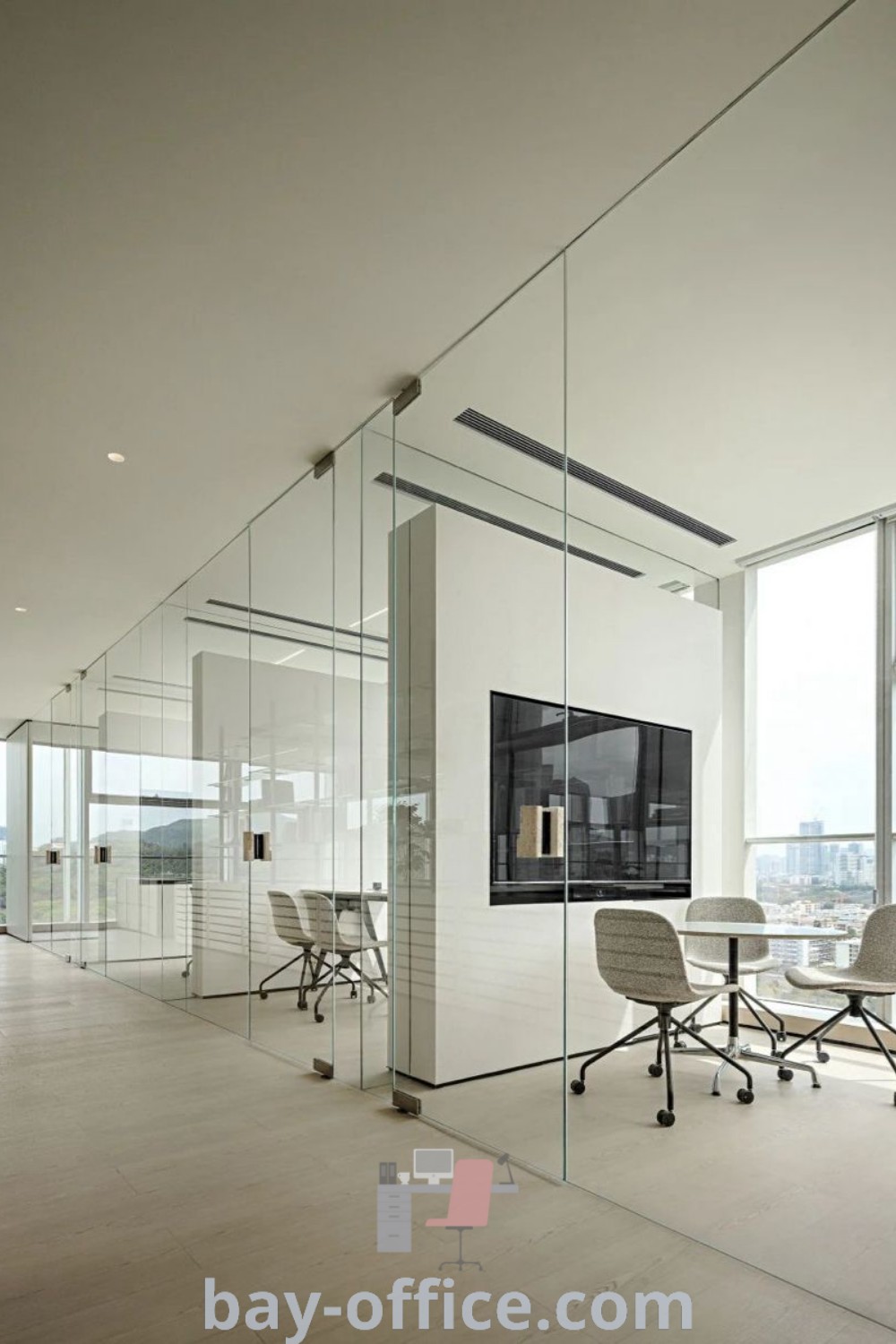 Minimalist office interior design featuring glass walls, white chairs, and spacious layouts. Explore modern office interiors, industrial and marketing office design ideas that inspire productivity. Find your dream workspace decor and design tips at bay-office.com.