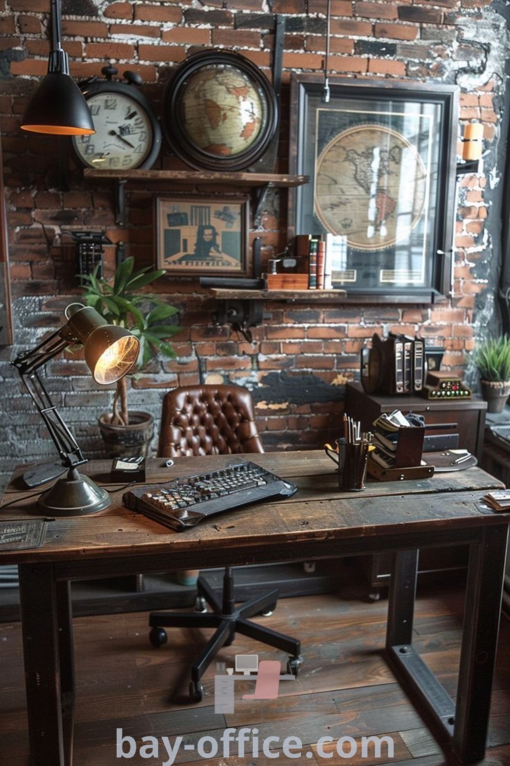 Industrial home office design with an old fashioned desk, brick wall, and vintage clocks, showcasing decor ideas for small spaces and inspiring productivity. Explore more inspiring design trends and decorating ideas at bay-office.com.