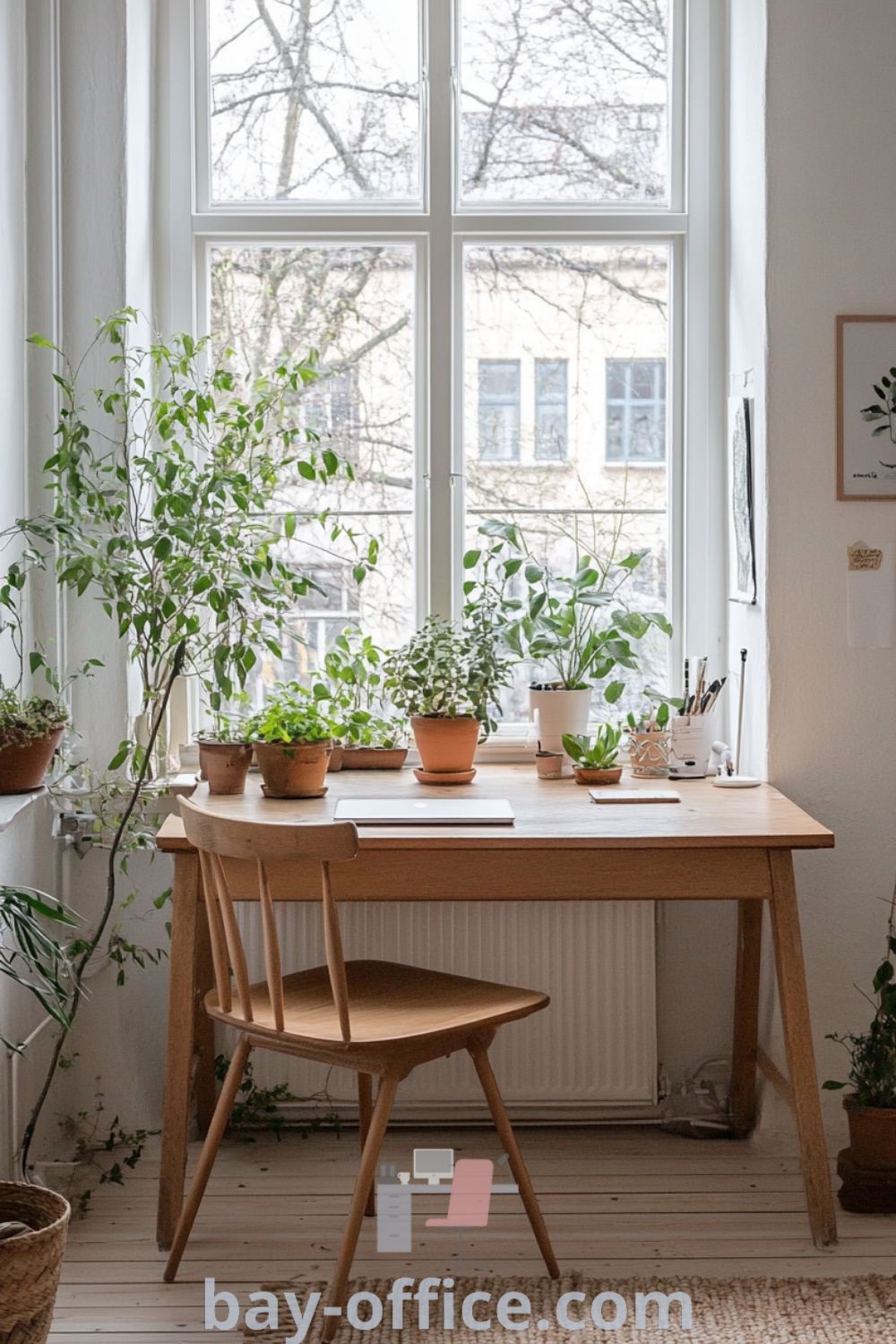 Scandinavian home office featuring natural light, white walls, wooden floor, and simple decor, creating a cozy aesthetic that inspires productivity and comfort. Explore design trends and decor ideas for small spaces at bay-office.com.