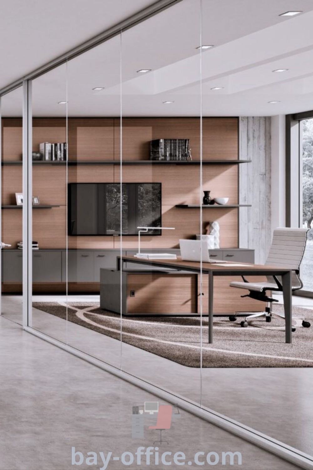 Office wall unit featuring glass walls and wooden cabinets, ideal for a modern manager room and executive office design. Explore design ideas that inspire productivity and functionality at bay-office.com.