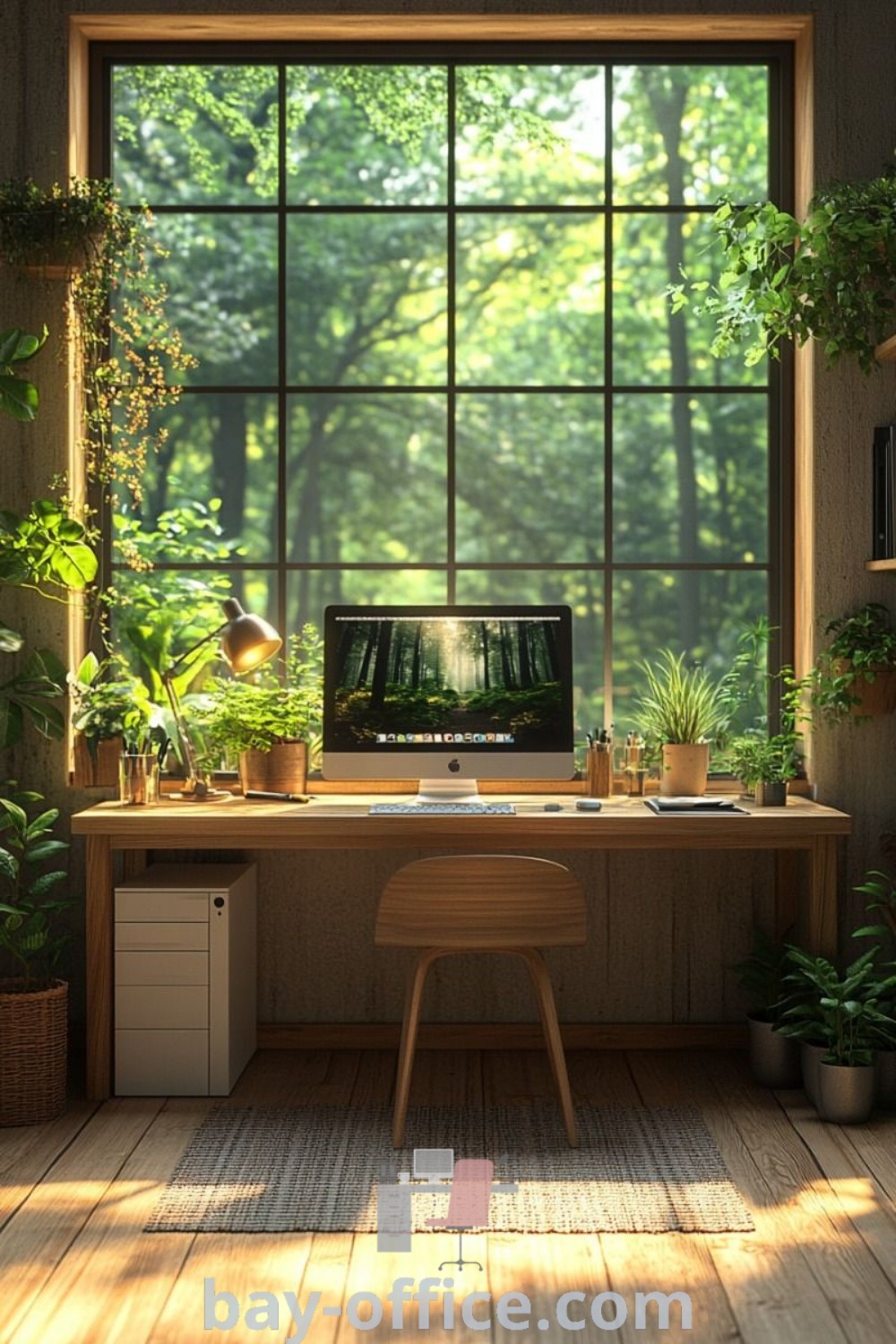 Cozy office space featuring a desk with a computer positioned in front of a large window filled with potted plants. Perfect for small office interior design and home office solutions. Discover more ideas and decorating tips at bay-office.com.