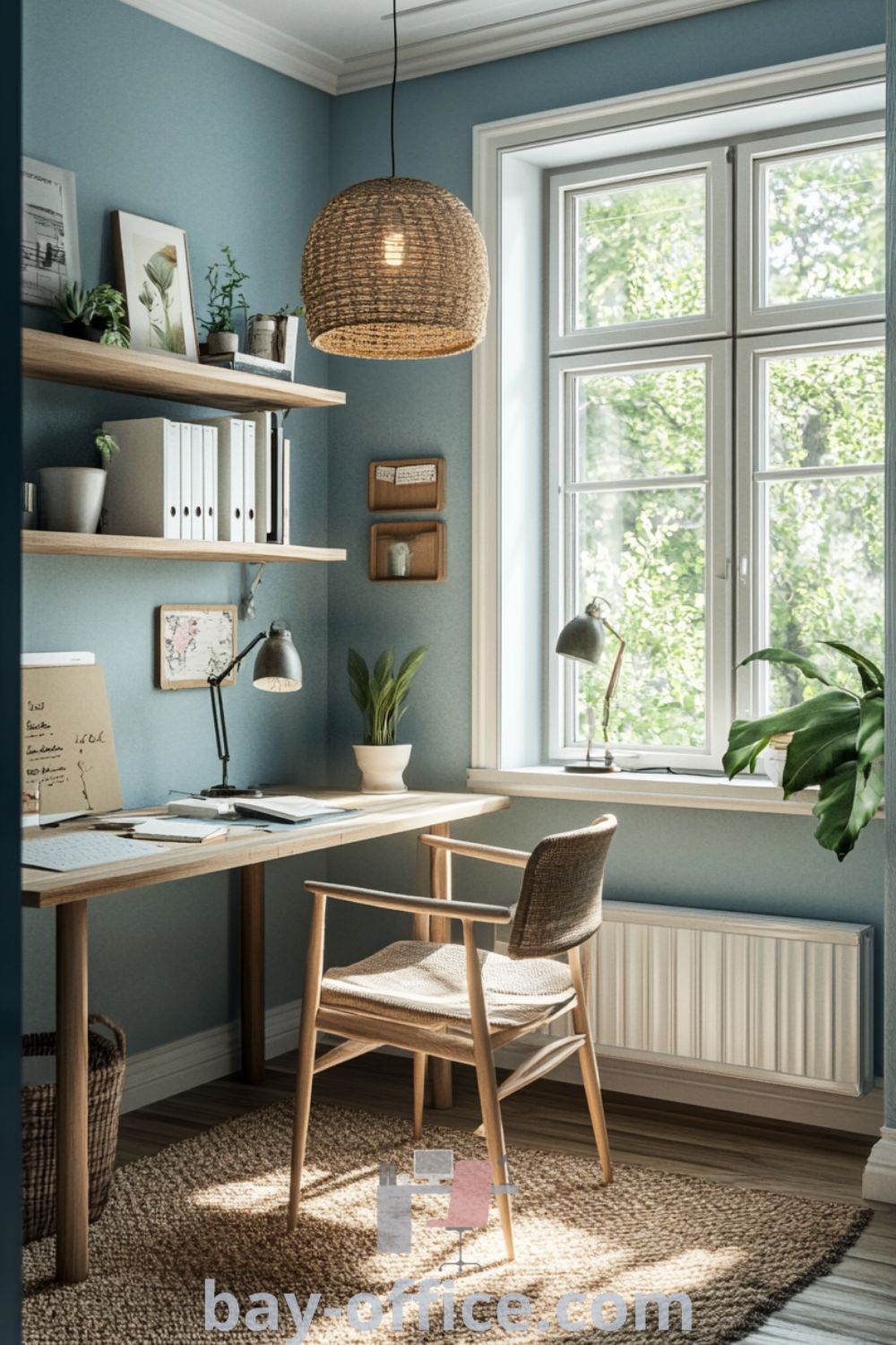 Cozy Scandinavian home office with soft blue walls, natural wood furniture, and woven textiles, designed for productivity and comfort. A serene and inviting space perfect for inspiring creativity and focus. Find more ideas at bay-office.com.