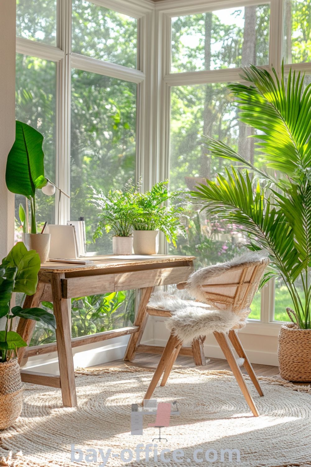 Serene home office with pink walls, reclaimed wood desk, and large windows overlooking lush greenery, designed for productivity and relaxation. Incorporate plants and cozy textiles for a tranquil workspace that inspires creativity. Discover more at bay-office.com.