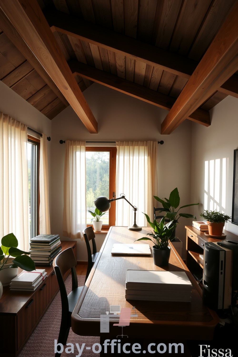 Nature-inspired home office featuring wooden beams, a large window with lush views, and a desk adorned with plants and stationery, creating a cozy and inspiring environment that enhances productivity. Discover more design tips at bay-office.com.