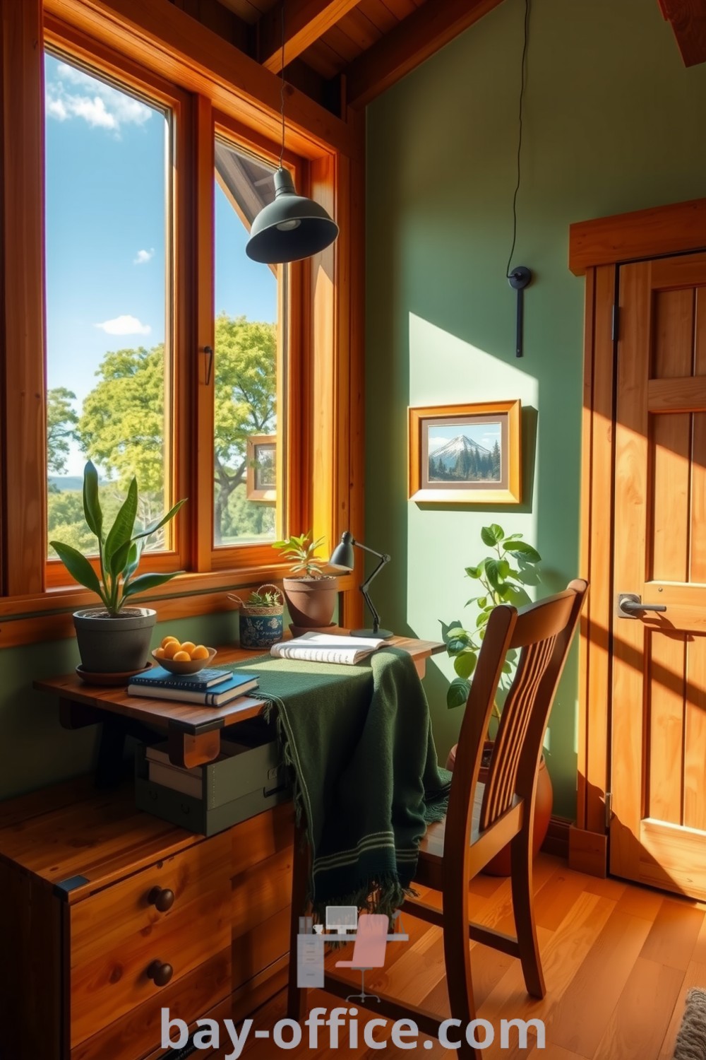 Nature-inspired home office with warm wooden beams, soft green walls, and large windows, highlighting cozy decor and inspiring productivity. Discover dreamy design tips and cozy aesthetic ideas that will make you love working from home at bay-office.com.