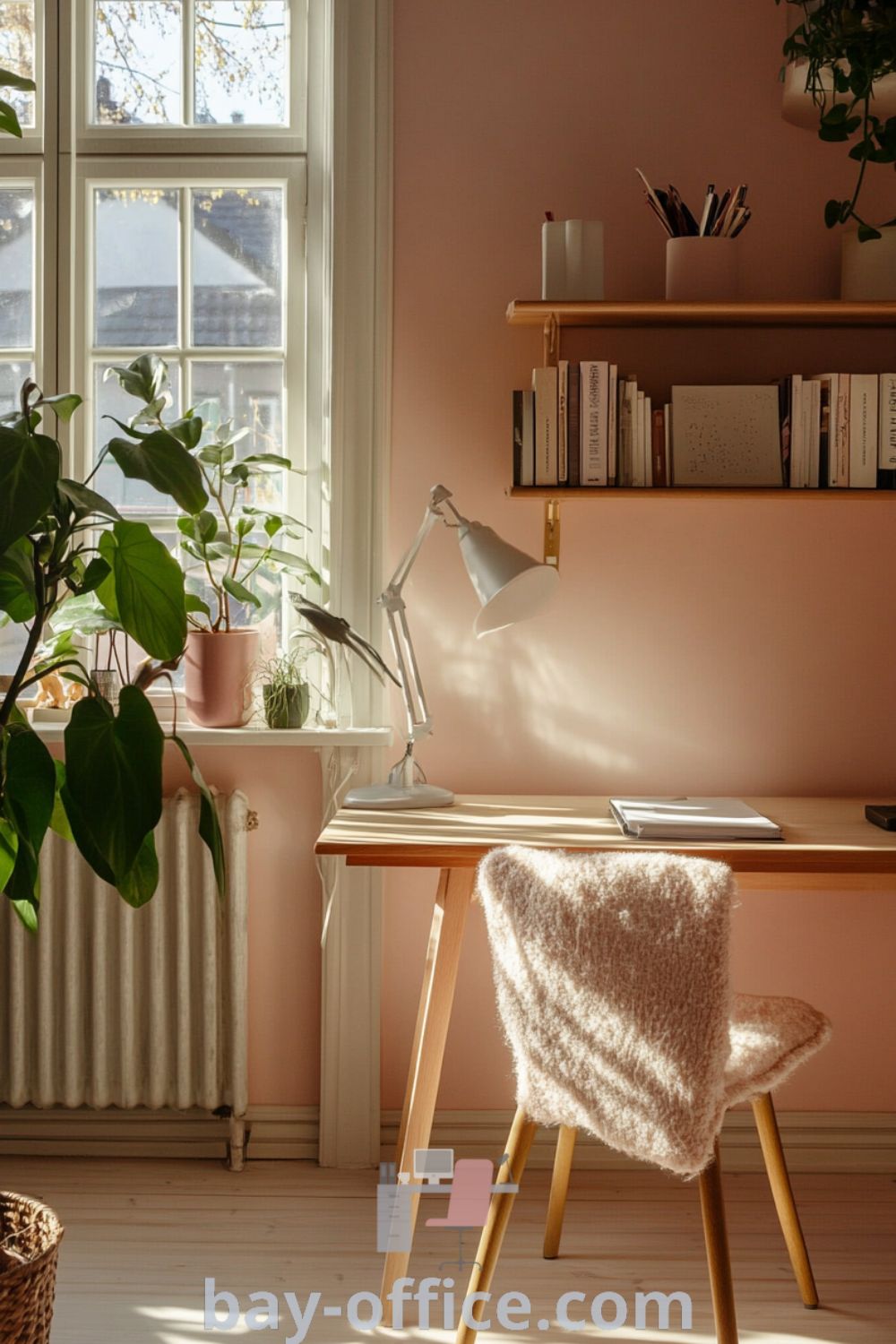 Scandinavian home office featuring soft pink walls, a warm wooden desk, plush ergonomic chair, houseplants, and curated books on open shelving, creating a cozy aesthetic that inspires productivity. Explore more cozy decor ideas at bay-office.com.