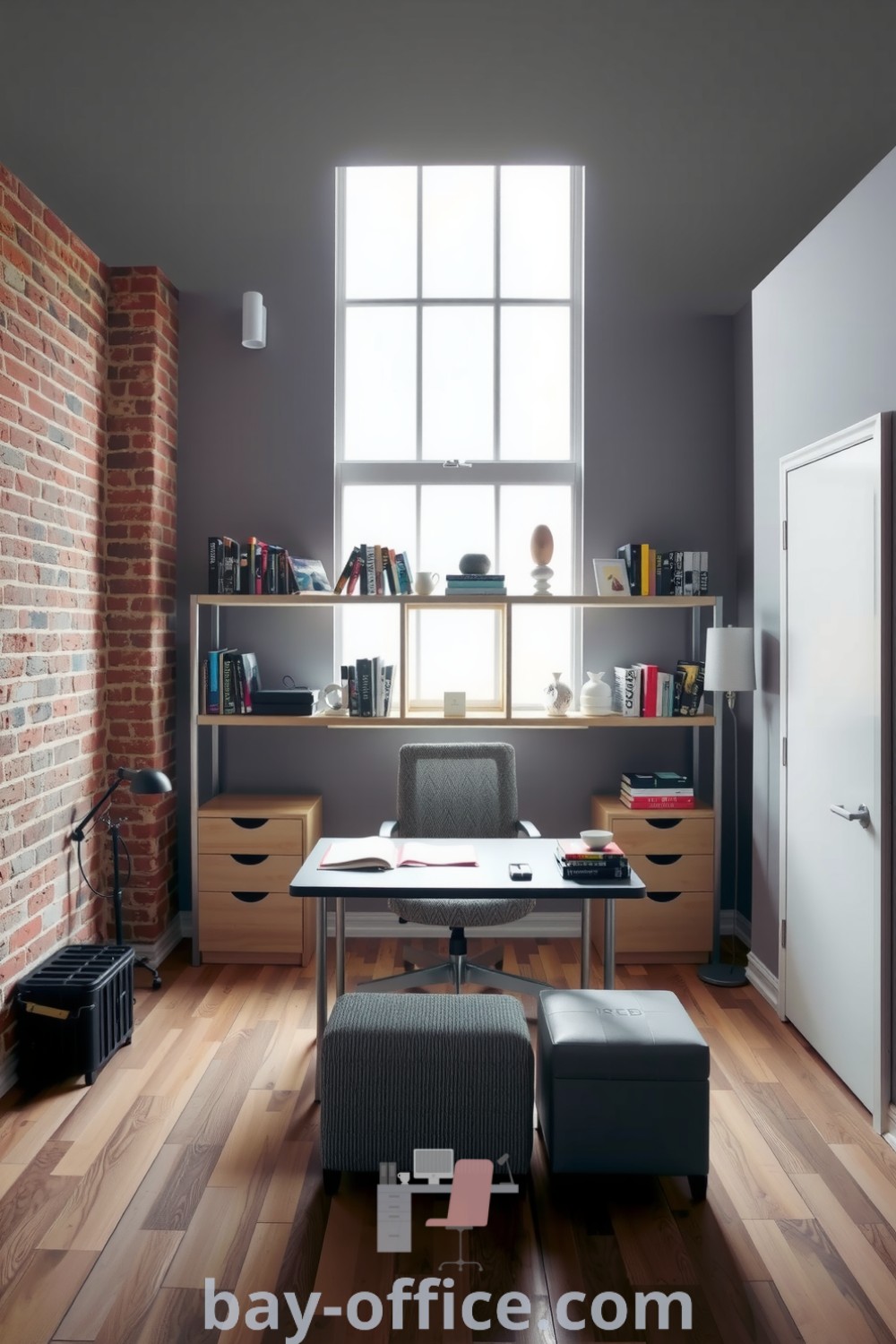 Inviting loft home office featuring exposed brick walls, wooden flooring, a metal desk, and soft natural light, designed for productivity and creativity. Aesthetic decor ideas for small spaces that inspire a cozy atmosphere for working from home. Discover more at bay-office.com.