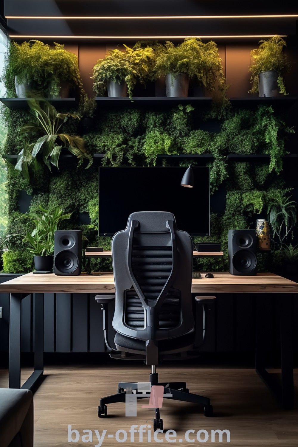 Minimalist office design with plants on the wall and a computer desk, showcasing greenery that inspires productivity. Perfect for creating a natural work environment, ideal for house or apartment settings. Discover more ideas you need to see at bay-office.com.