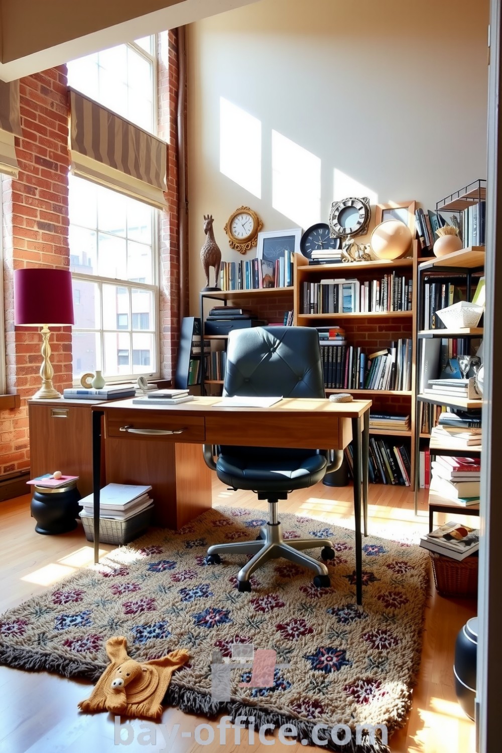 Cozy loft home office featuring warm beige walls, exposed brick, a wooden desk, vintage chair, and personal decor. Sunlight enhances the inviting atmosphere, making it an inspiring space for productivity. Explore more ideas at bay-office.com.