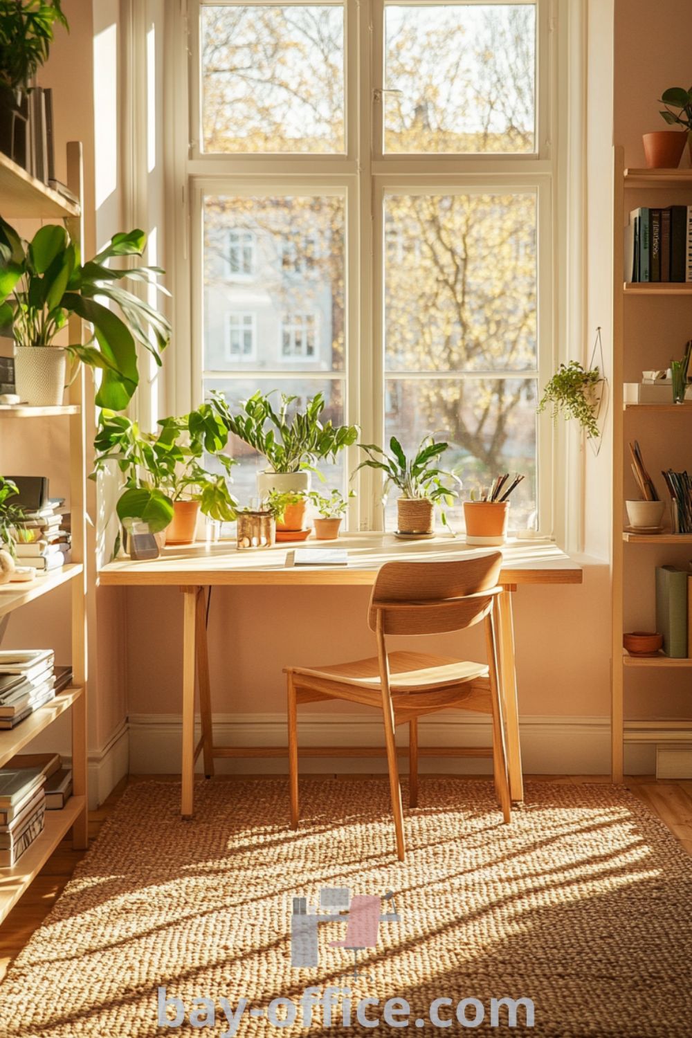 Scandinavian home office featuring gentle pink walls, light oak desk and chair, natural light from large windows, shelves with books and plants, designed to inspire creativity and focus. Explore more decor ideas for small spaces at bay-office.com.