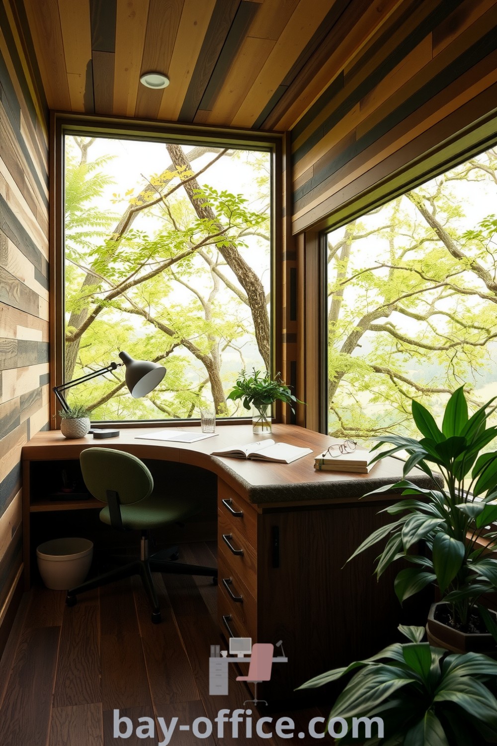 Nature home office surrounded by tall trees, featuring reclaimed wood walls, a handcrafted dark hardwood desk, and vibrant plants, providing a tranquil and inspiring workspace. Perfect design tips for cozy and productive home offices at bay-office.com.