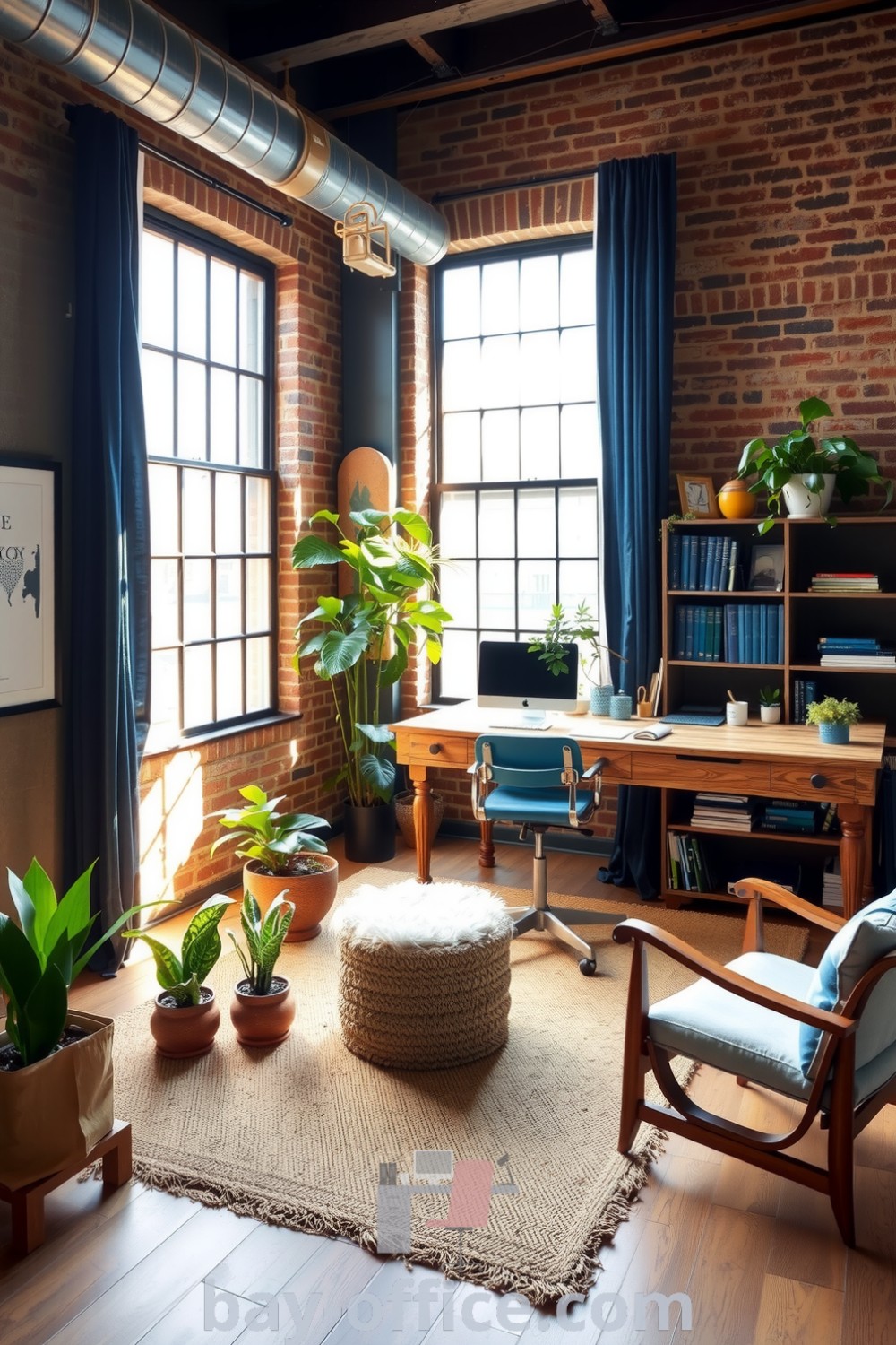 Cozy home office featuring exposed brick walls, reclaimed wooden furniture, potted plants, and natural light, designed to inspire productivity and create a warm atmosphere. Perfect for decorating ideas for small spaces. Discover more at bay-office.com.