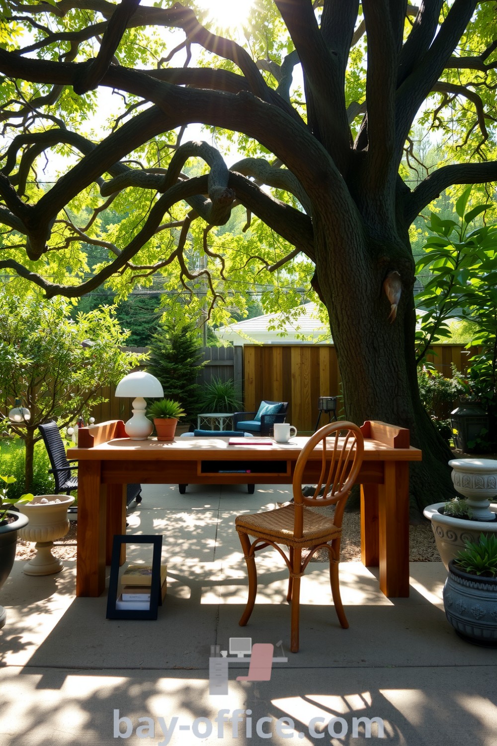 Serene outdoor nature office featuring a rustic wooden desk and wicker chair under a large oak tree, surrounded by plants and a small stone fountain, designed to inspire productivity and creativity. Discover more cozy decor ideas at bay-office.com.