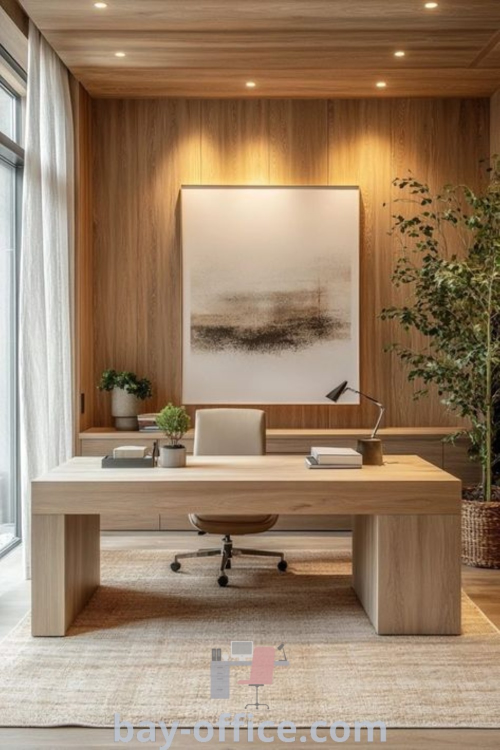 Cozy home office with wood paneling, plants on the desk, and a large window, showcasing inspiring small office interior design ideas and organic decor at bay-office.com.