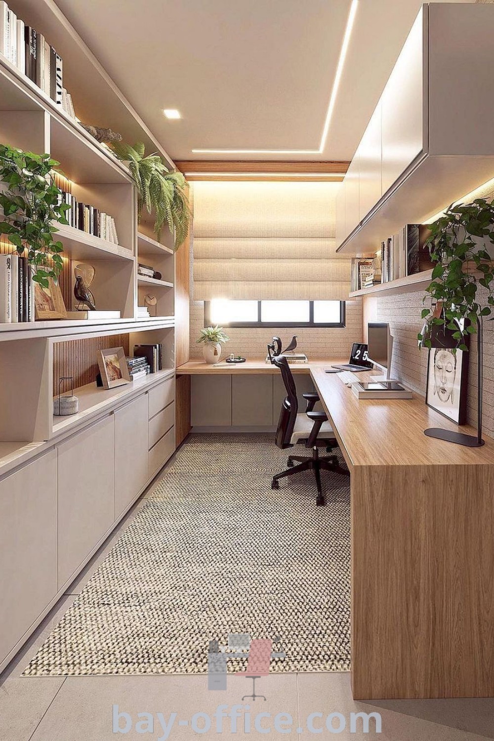 Cozy office area featuring a stylish desk, shelves, and plants, showcasing modern home office design trends. Discover inspiring ideas and decor tips for small home offices at bay-office.com.