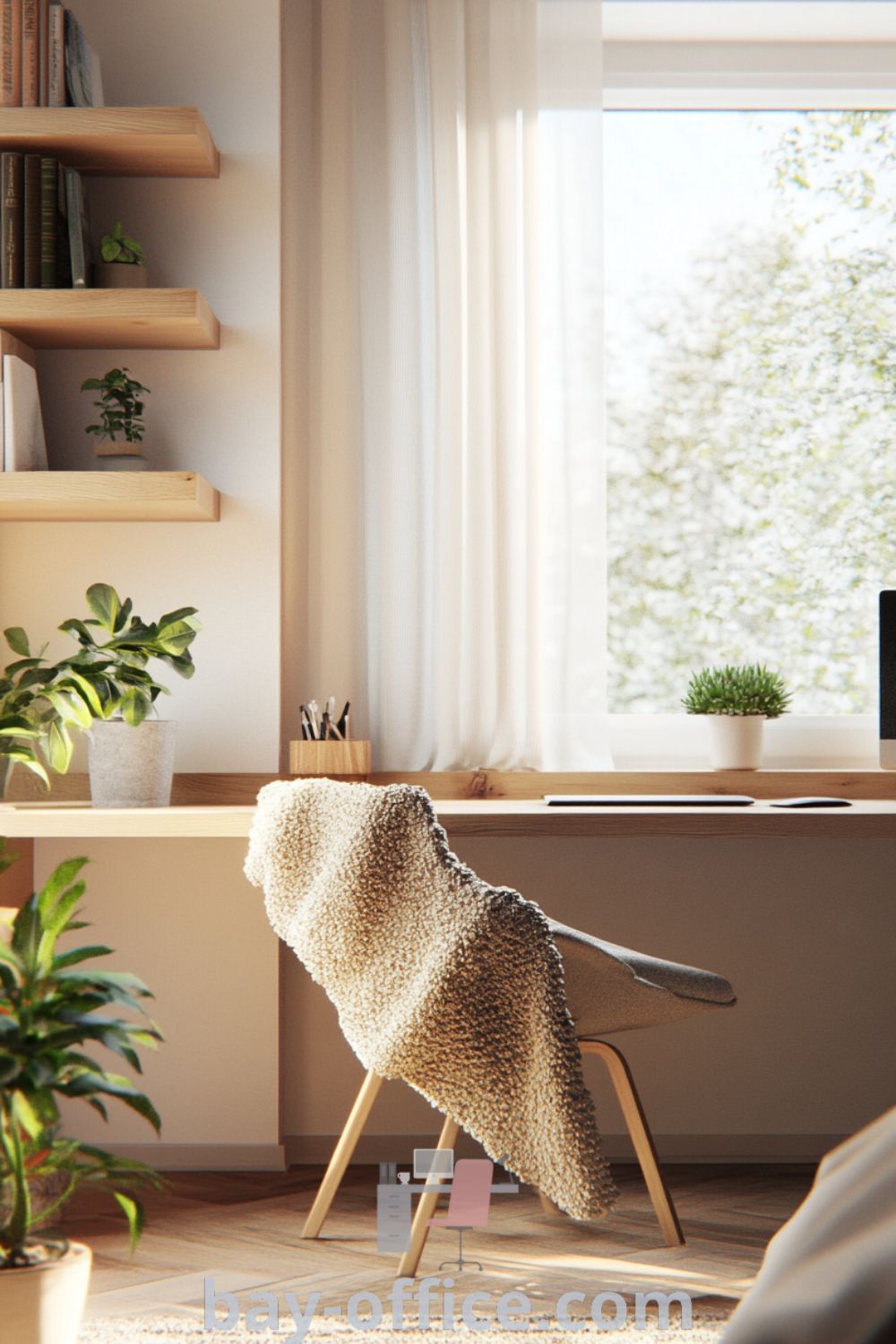 Scandinavian home office with white walls, natural wooden accents, an ergonomic chair, and potted plants, creating a cozy and inspiring workspace. Ideas to inspire productivity and comfort while working from home found at bay-office.com.