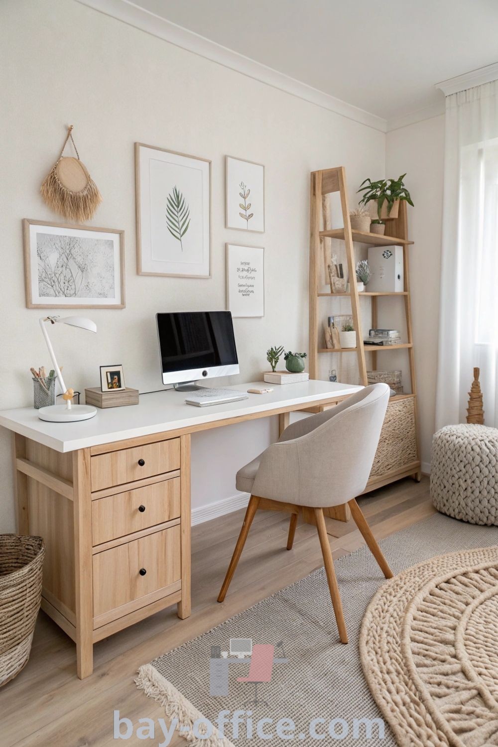 Cozy home office setup featuring a desk with a computer, chair, and bookshelf, showcasing practical office ideas and earthy decor for small spaces. Explore more inspiring decor ideas for small spaces at bay-office.com.