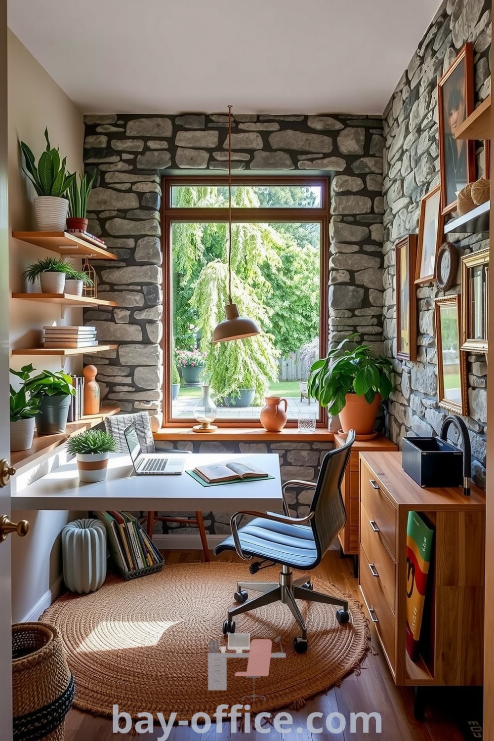 Nature-inspired home office with natural wood shelves, potted plants, and a large window showcasing a lush garden. A cozy atmosphere enhanced by earthy tones in furniture and a woven rug. Ideal for inspiring productivity and creativity. Explore more design tips at bay-office.com.