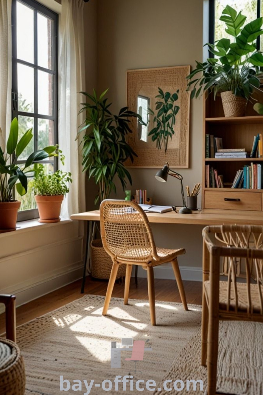Cozy home office with plants, earthy decor, and a rug. Explore design tips for creating an inspiring workspace from bay-office.com, featuring best decor ideas for small spaces and productive office room setups.