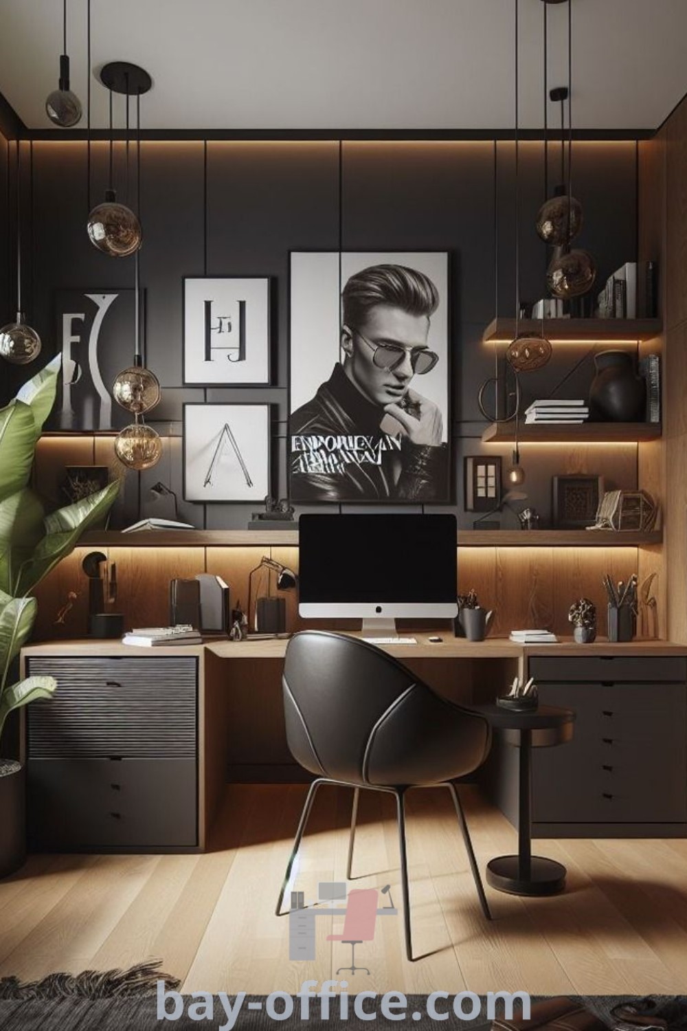 Modern home office showcasing black and white decor with wood paneling, perfect for small spaces. Discover contrast bedroom ideas, compact office designs, and inspiring decor ideas for small offices at bay-office.com.