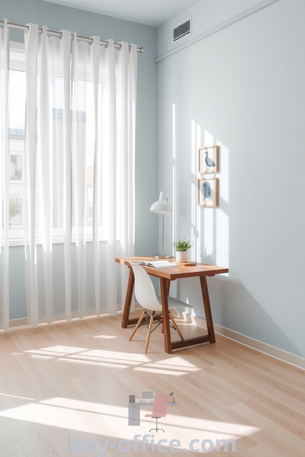 Minimalist home office with soft blue tones, natural light, reclaimed wood desk, and sparse decor, designed to create a serene and inviting workspace. Explore more decor ideas for small spaces at bay-office.com.