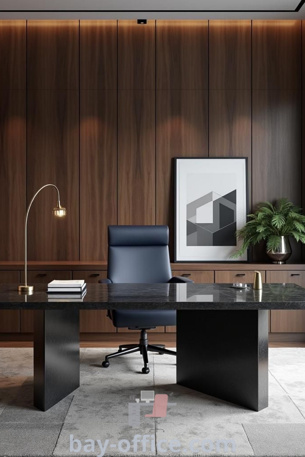 Minimal office interior with a granite desk, chair, and large windows, embodying modern masculine office ideas perfect for maximizing productivity and comfort while providing cozy decor ideas for small spaces. Explore more at bay-office.com.
