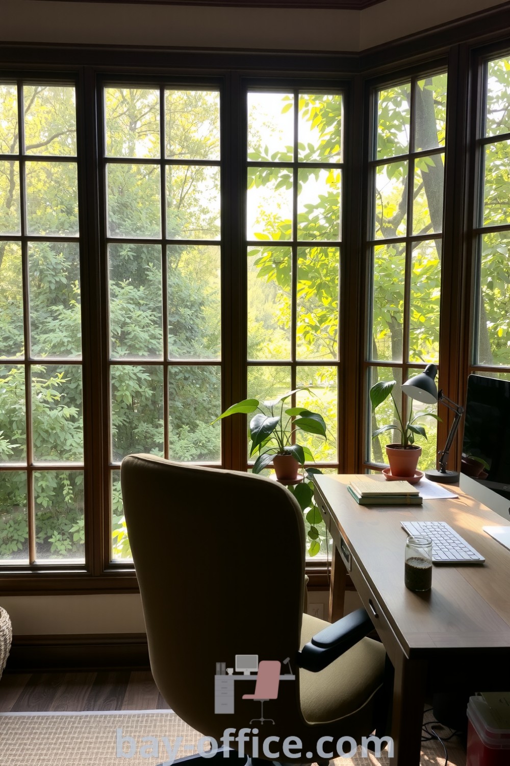Cozy nature-inspired home office featuring large windows, a rustic wooden desk, potted plants, and an inviting chair, designed to inspire productivity and tranquility. Discover more decor ideas at bay-office.com.