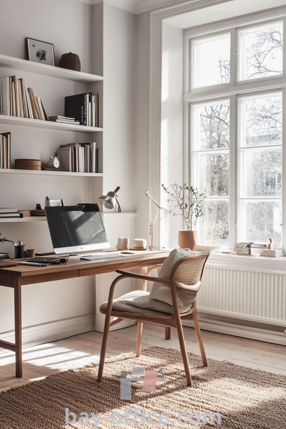 Scandinavian home office featuring white walls, spacious oak desk, large windows with sunlight, cozy armchair, and textured woven rug. A perfect blend of design elements that inspire productivity and create a cozy atmosphere. Discover design tips at bay-office.com.