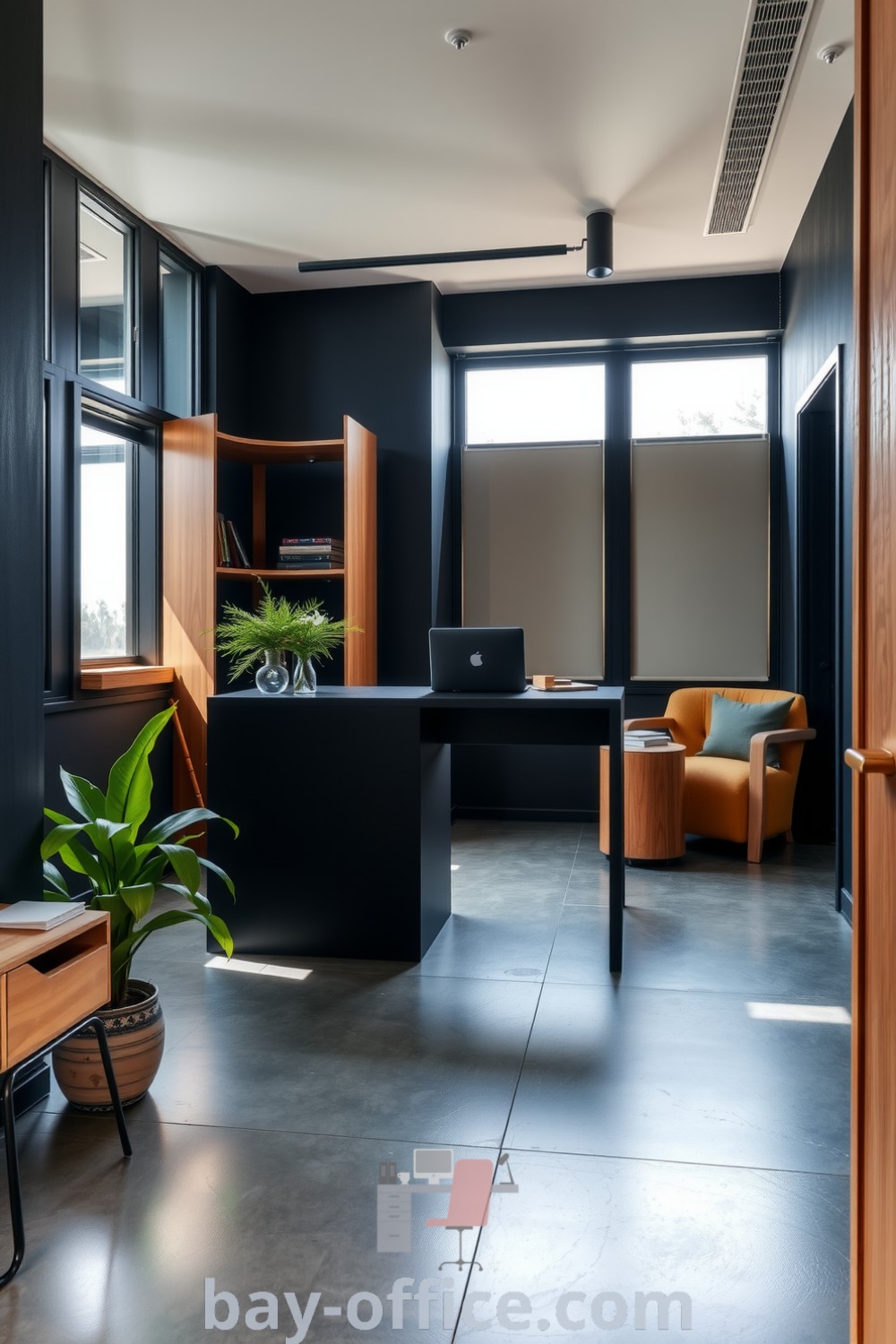 Minimalist corporate office featuring black accent walls, polished concrete flooring, natural wood furniture, and potted greenery, creating a cozy aesthetic that inspires productivity. Ideal design tips for enhancing your workspace at bay-office.com.