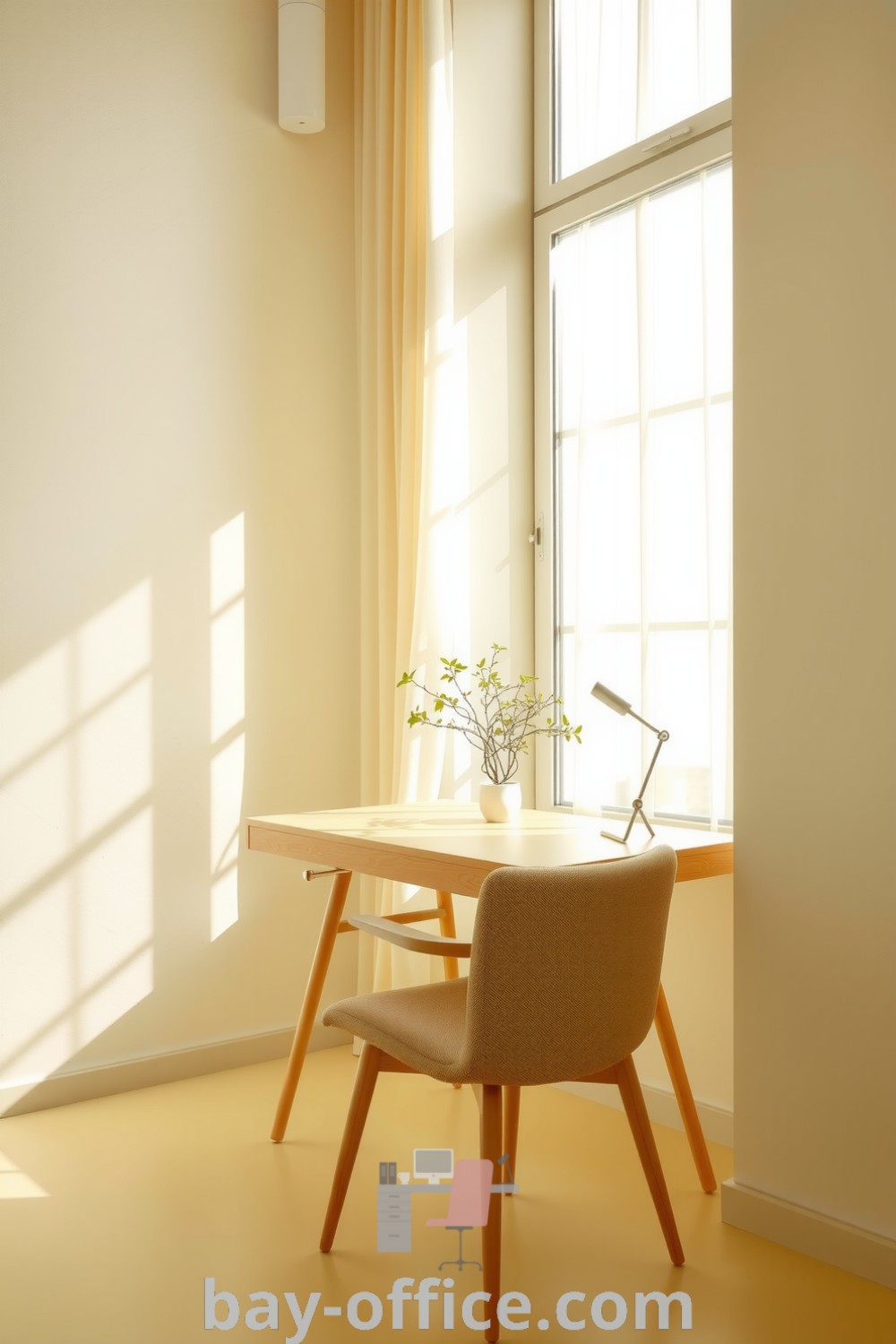Minimalist home office featuring a light-colored wooden desk by a window, soft yellow decor, a comfortable chair, and a potted plant, promoting creativity and focus in a serene environment. Discover more inspiring home office ideas at bay-office.com.