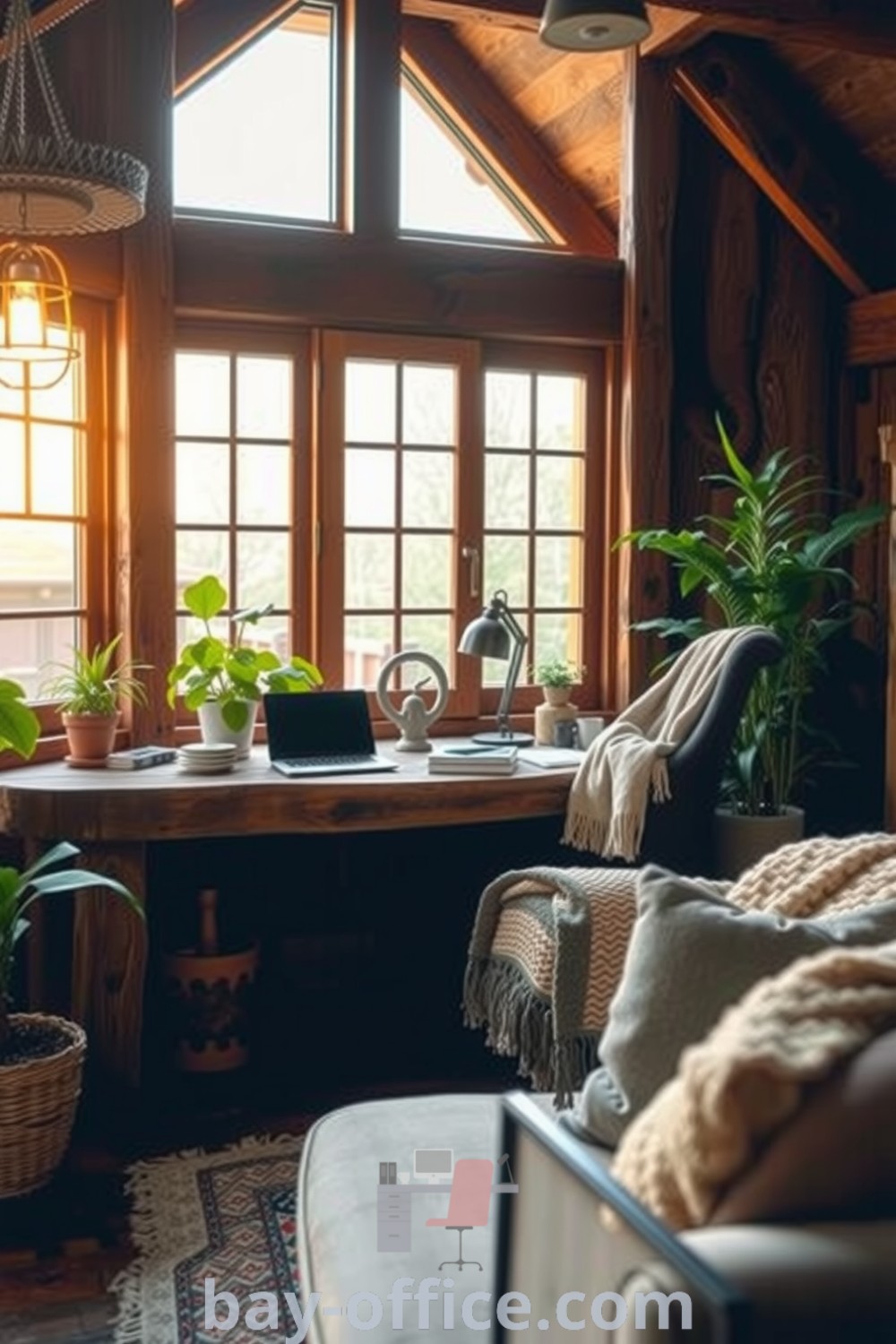 Cozy home office with wooden beams, large windows, and a rustic desk, featuring potted plants and warm textiles, designed to inspire productivity and create a serene atmosphere. Explore more decor ideas for small spaces at bay-office.com.