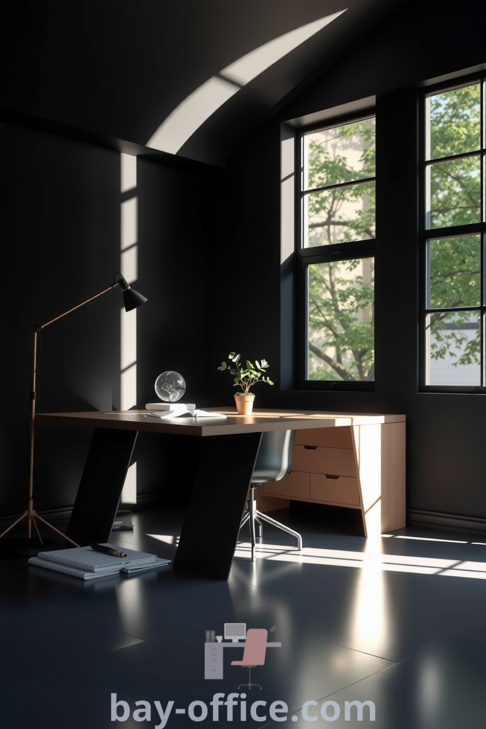 Cozy minimalist home office with dark walls, a wooden desk, a metal lamp, and a potted plant, designed to inspire productivity and creativity. Perfect for small spaces, this design offers practical decor ideas to enhance your working environment. Explore more at bay-office.com.