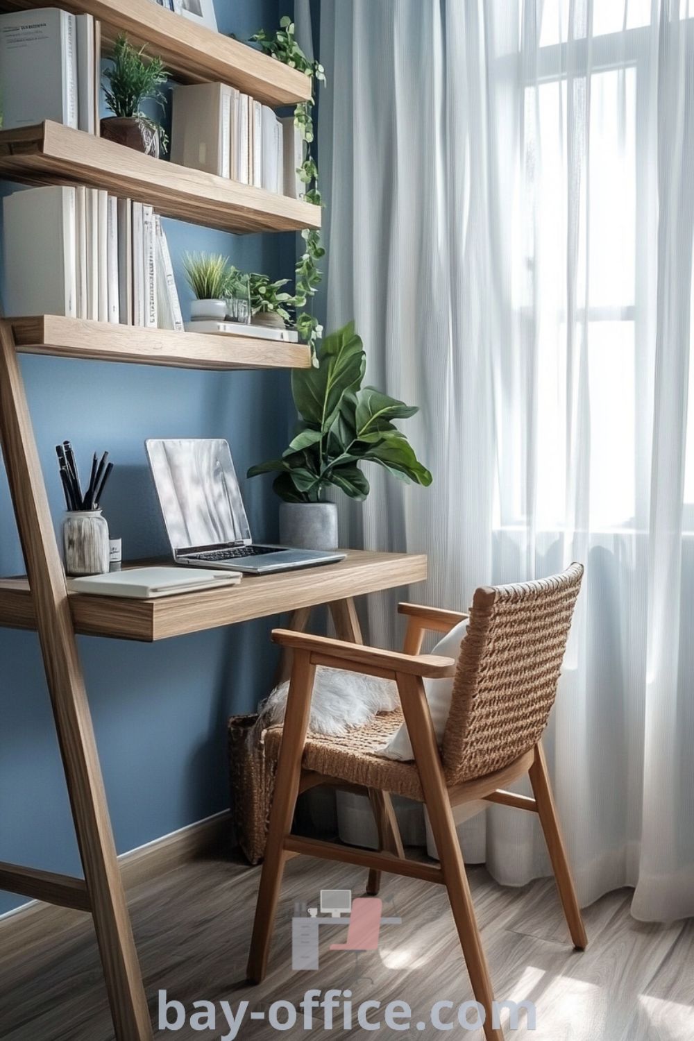 Scandinavian home office featuring a serene blue color scheme, wooden accents, natural light, and a rustic desk with a comfortable chair. Ideal for inspiring productivity and cozy aesthetics. Discover more decor ideas for small spaces at bay-office.com.