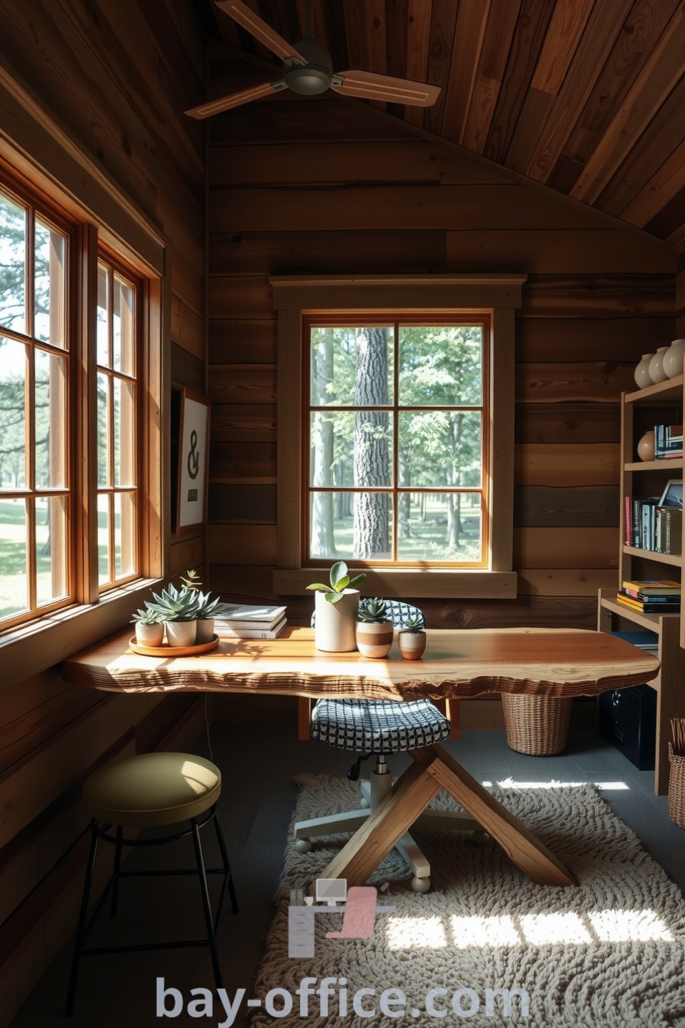 Cozy cabin office with reclaimed wood walls, handcrafted desk, and potted succulents, surrounded by natural light creating an inspiring and productive environment. Discover design trends and decorating ideas at bay-office.com.