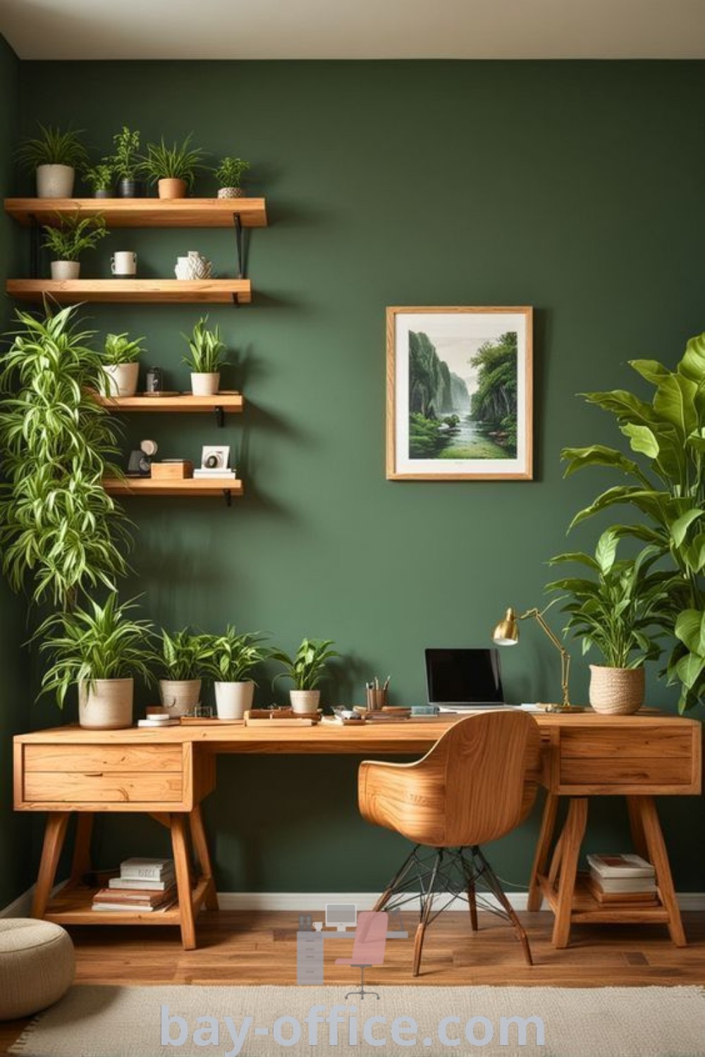 Office with green walls, plants on desk, and a laptop, showcasing earthy home office ideas for an inspiring workspace. Discover nature-inspired decor concepts and tips for enhancing productivity at bay-office.com.