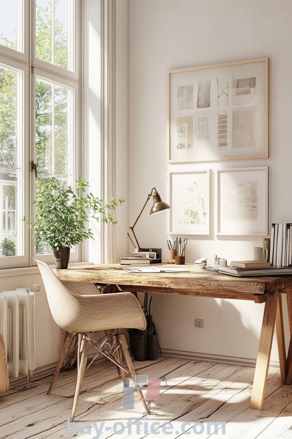 Scandinavian home office with a rustic wooden desk, cozy armchair, soft beige tones, and natural light, designed for productivity and inspiration. Featuring minimalist decor and potted plants, this inviting space showcases design trends and cozy aesthetics that inspire creativity. Explore more ideas at bay-office.com.